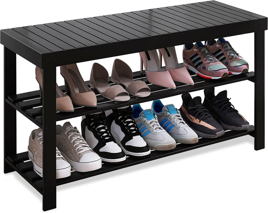 3-Tier Black Bamboo Shoe Rack Bench with Storage Shelf & Modern Design