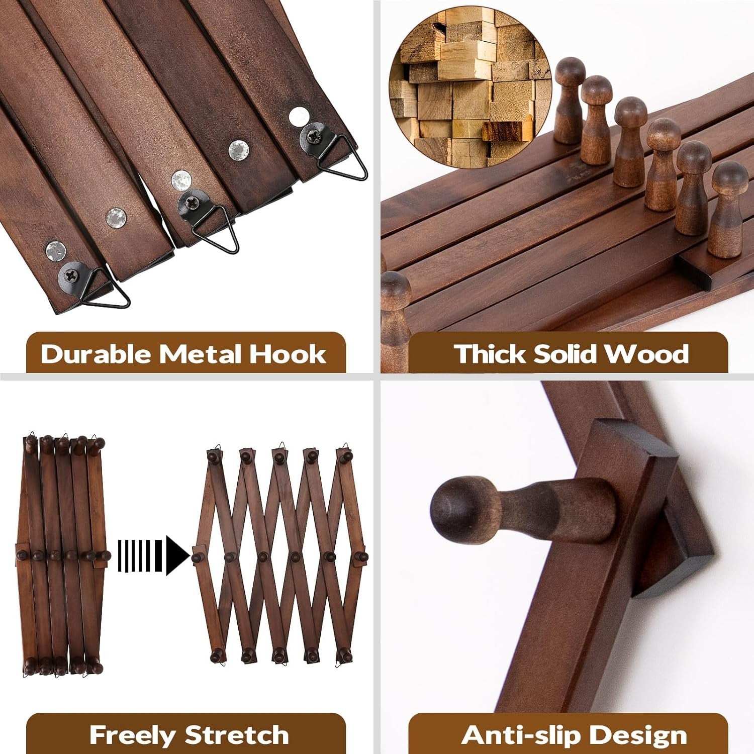 Expandable Wooden Wall Hat Rack 16 Hooks Rustic Foldable Coat Hanger Stand