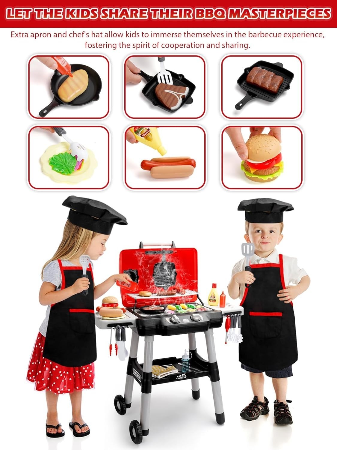 Kids BBQ Grill Playset w/ Smoke Sound Light Chef Apron 33PCS