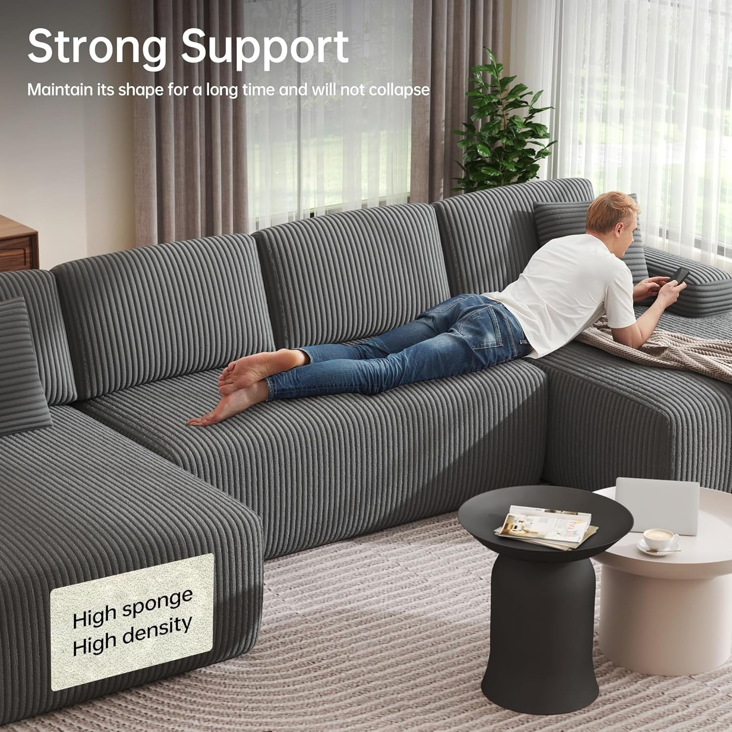 Modular U-Shaped Corduroy Sofa Bed with Memory Foam, Storage & No Assembly