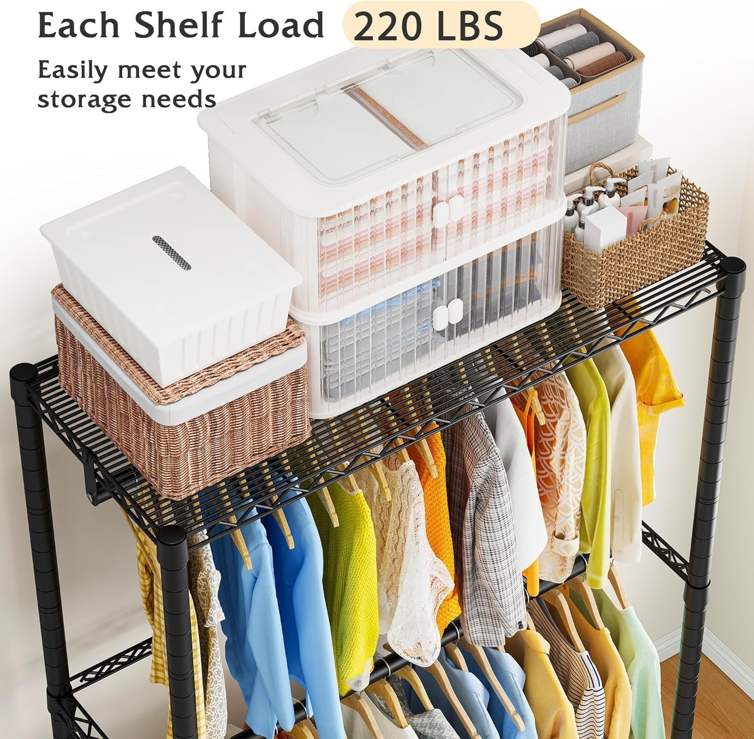 Heavy Duty Clothes Rail with Shelves & Wheels – Black 200cm