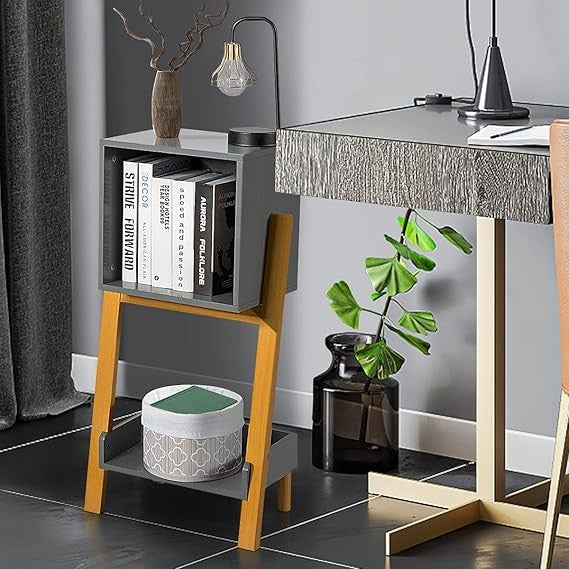 Modern Side Table with Drawer & Shelf | Slim Bedside Nightstand Grey Wood