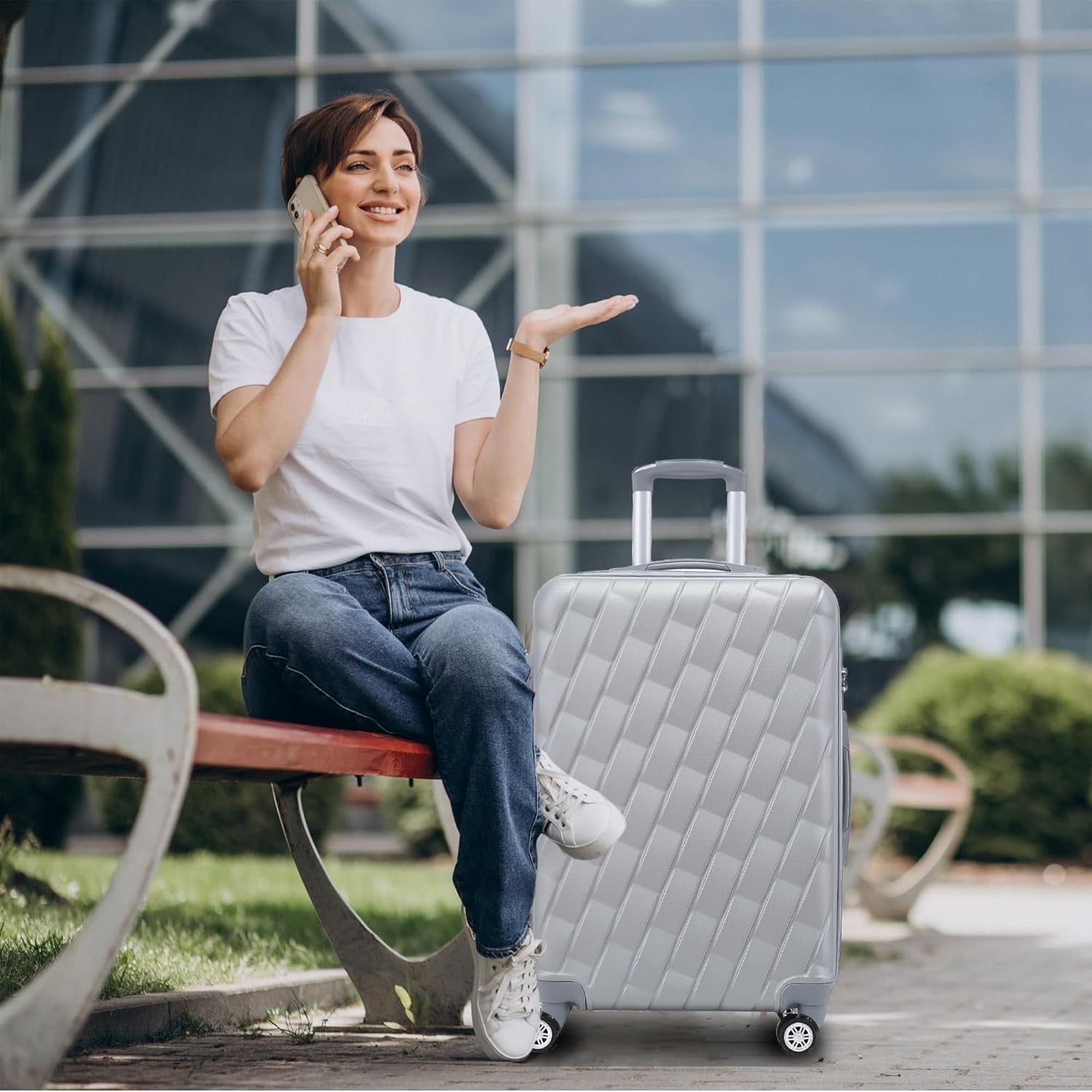 20 Inch Cabin Carry On Hard Shell Suitcase 4 Dual Spinner Wheels Lock Silver