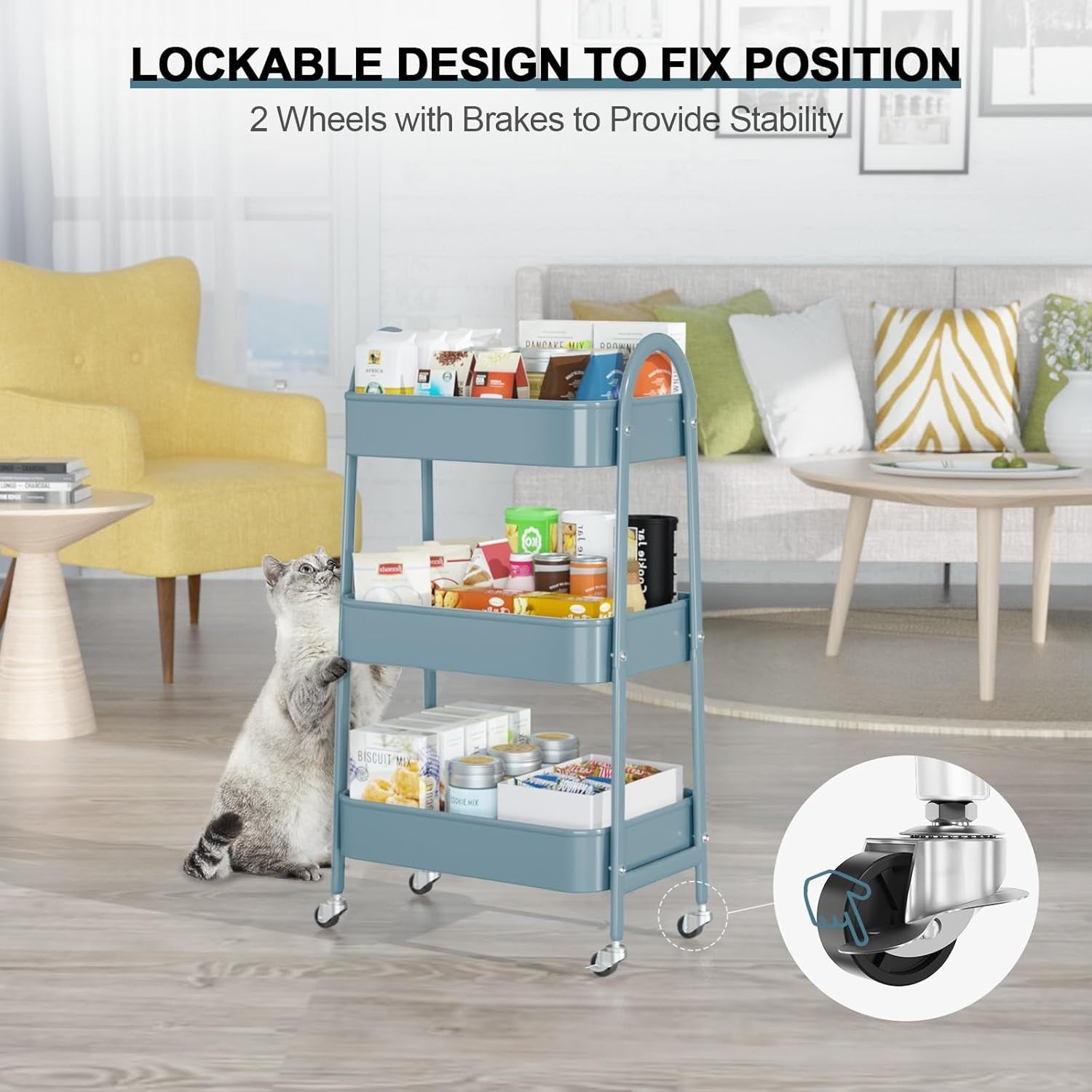 3 Tier Rolling Utility Cart Metal Storage Trolley Lockable Wheels