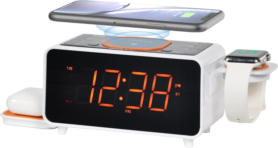 Wireless Charging Alarm Clock Radio Bluetooth Speaker USB Fast Charge LED