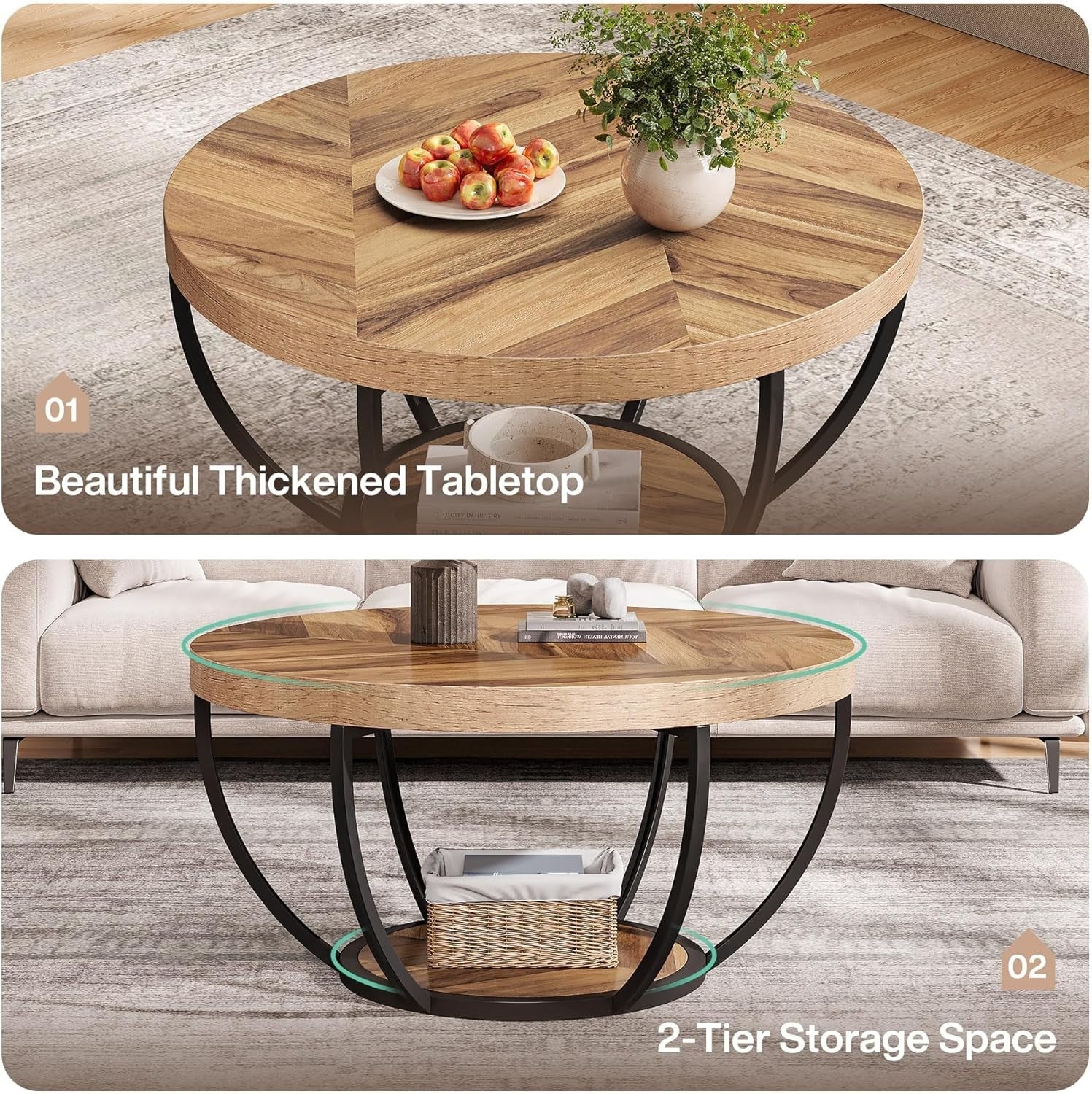 Round 2-Tier Coffee Table with Storage Shelves, Wooden Grain, 80x45cm