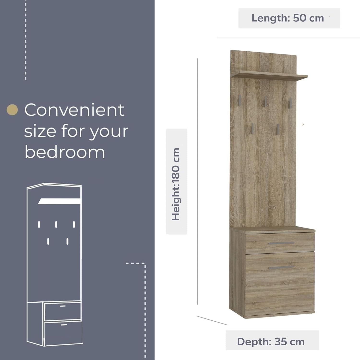 Slim Sonoma Oak Wardrobe with Hooks, Shelves & Storage | 180cm Hall Unit