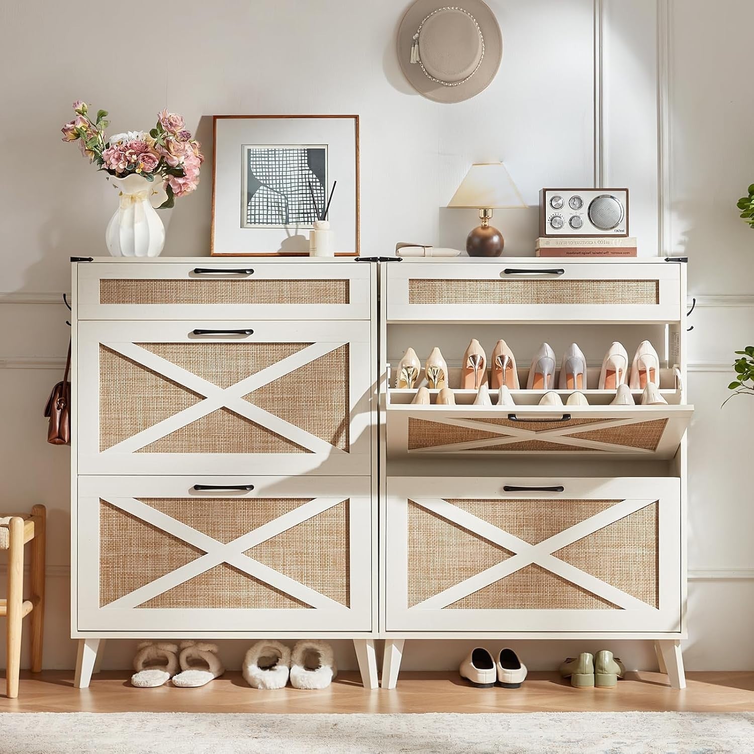 Slim White Shoe Cabinet with Bamboo Mesh – Stylish, Space-Saving Storage