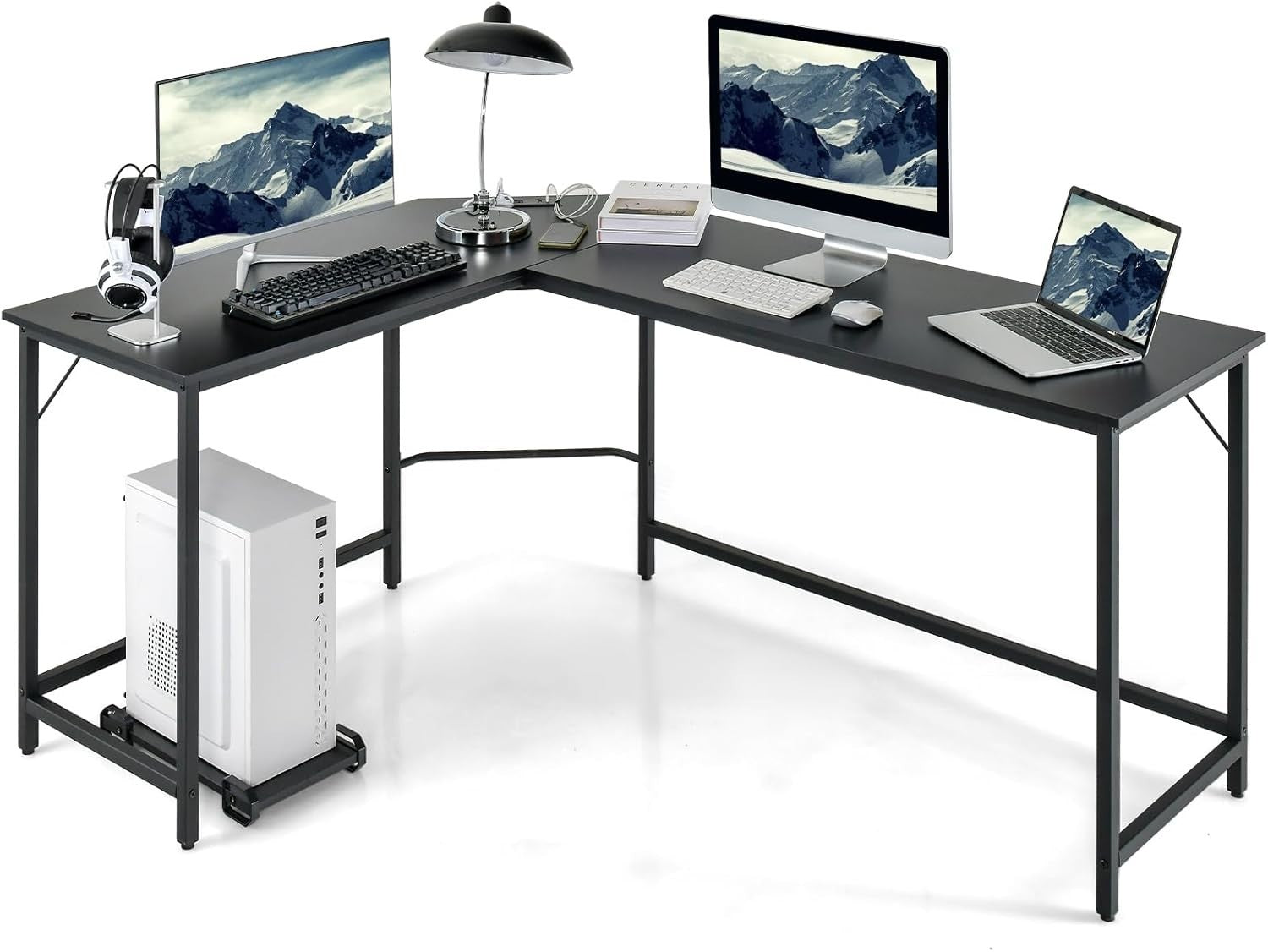 Black L-Shaped Desk 168cm Corner Computer Table with CPU Stand Office