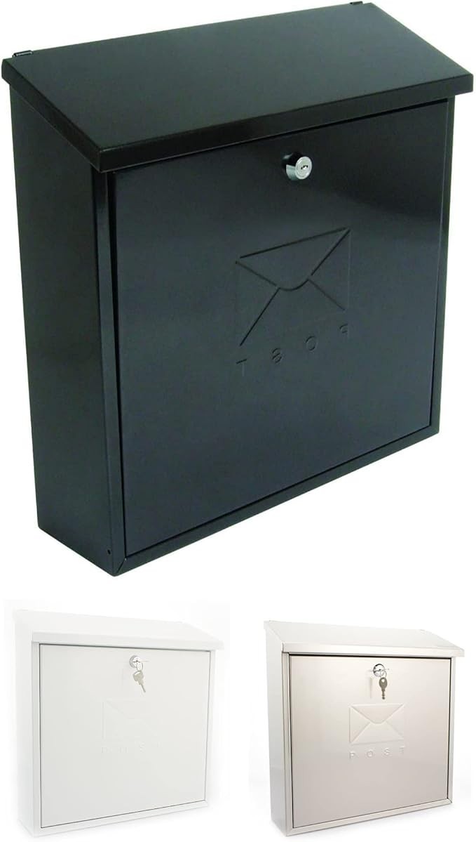 Lockable Weatherproof Steel Post Box Black | Dual Access | Wall Mount | 37x37x12