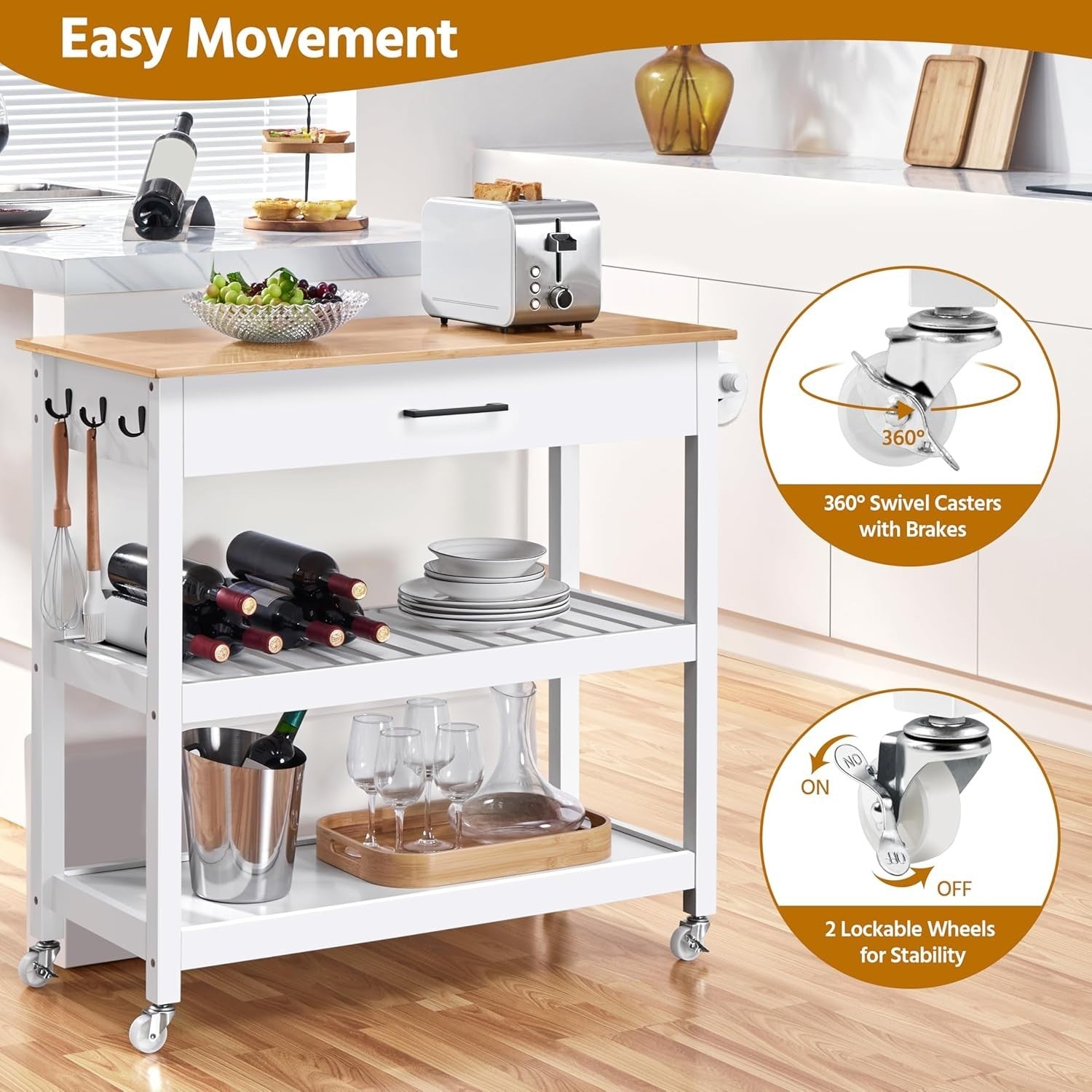 White Rolling Kitchen Island Cart with Bamboo Worktop, Drawer & Towel Rack