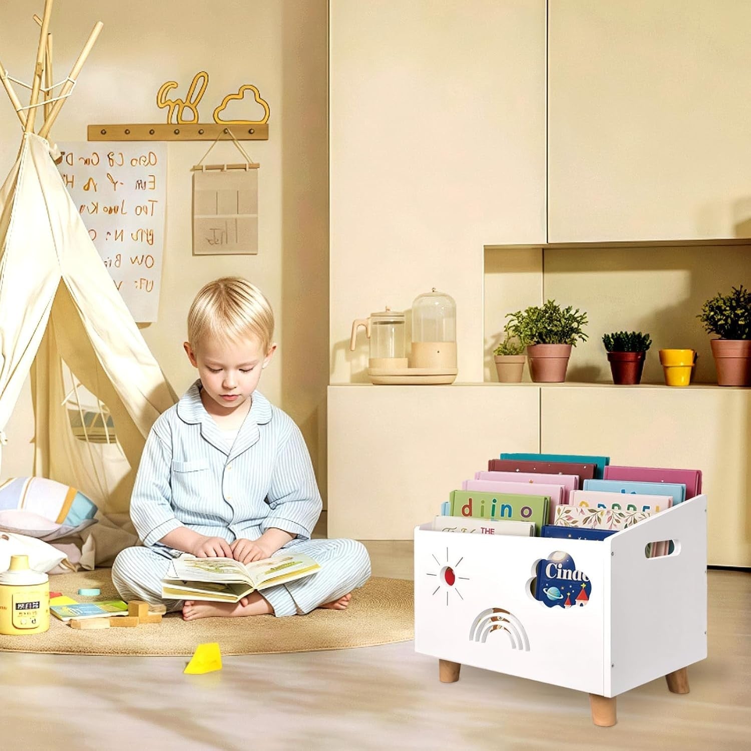 Wood Kids Bookshelf with Adjustable Dividers Montessori Toddler Book Rack