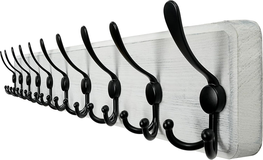 Wall Mounted Coat Rack 98cm | Rustic White Wood Hanger with 10 Hooks