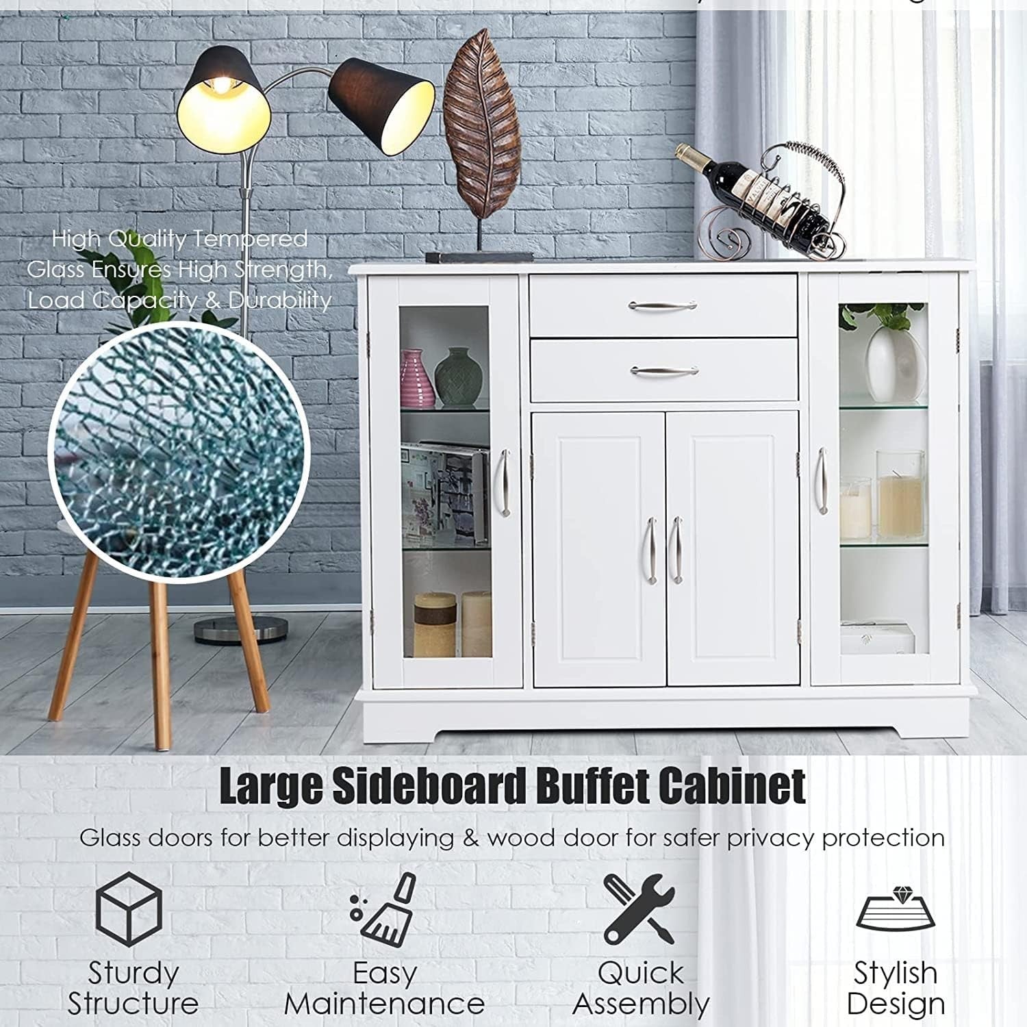 White Kitchen Sideboard 81cm Buffet Cabinet 2 Drawers 5 Adjustable Shelves