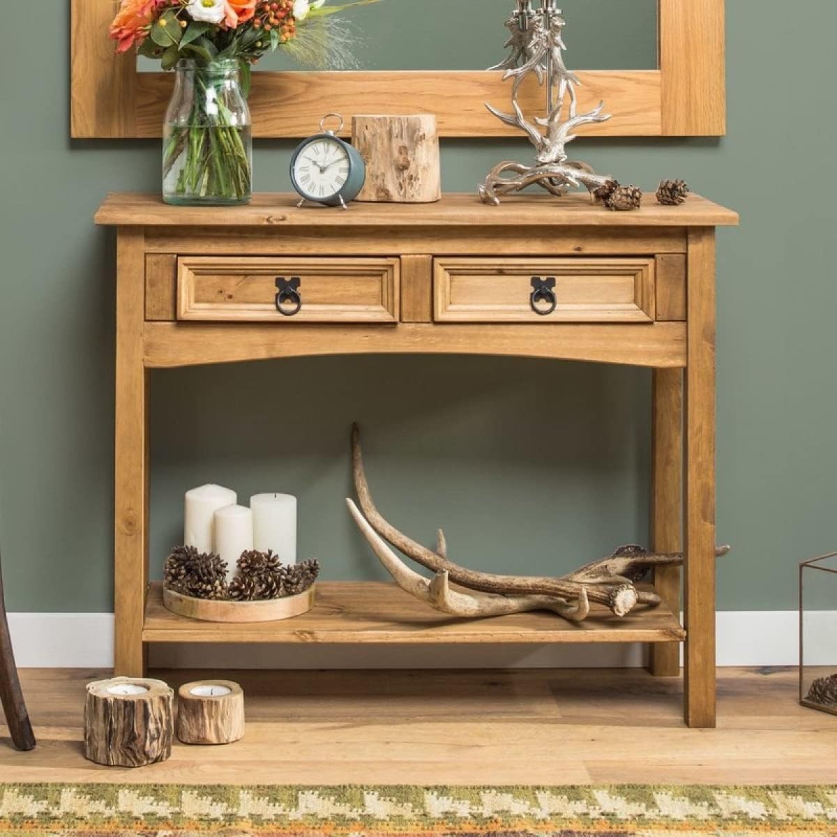 Mexican Pine Console Table 2 Drawer Rustic Hallway Unit 90cm Solid Wood