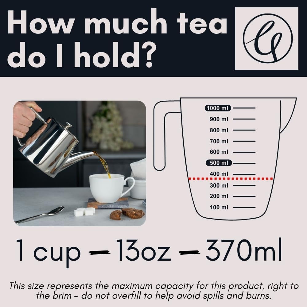 370ml Stainless Steel Teapot 1 Cup Mirror Finish Non Drip Tea Pot