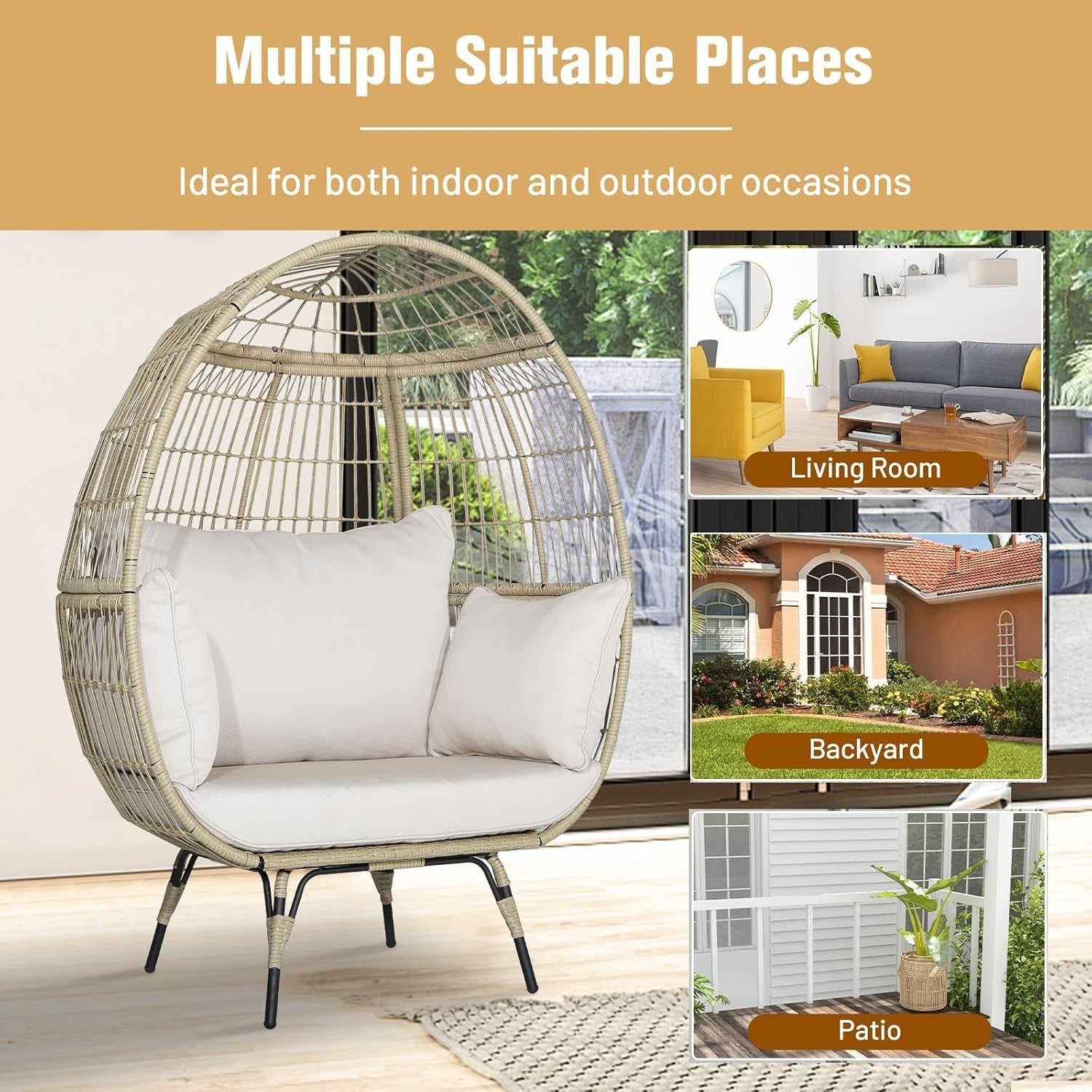 Two Seater Rattan Egg Chair Oversized Cushioned Freestanding Wicker Lounger