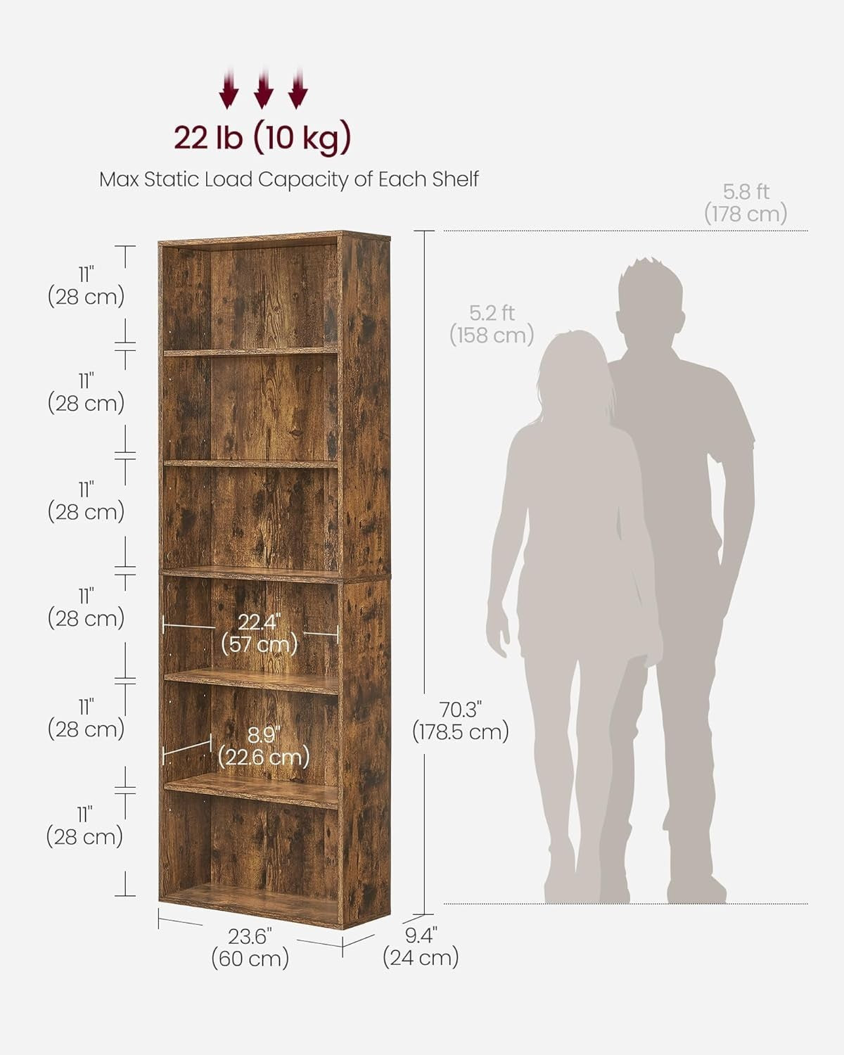 6 Tier Rustic Wooden Bookcase Tall Storage Display Book Shelf for Living Room