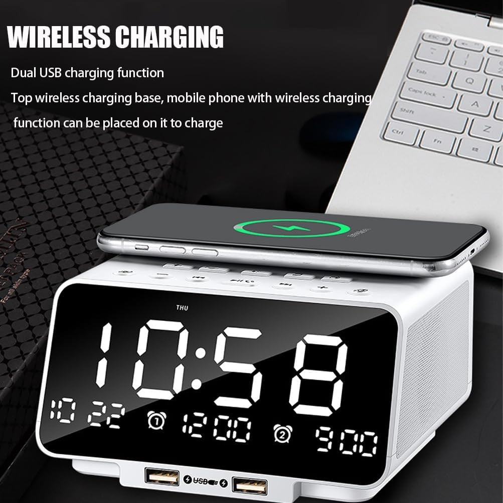 Bluetooth Alarm Clock Radio Wireless Charging LED Night Light USB FM Speaker