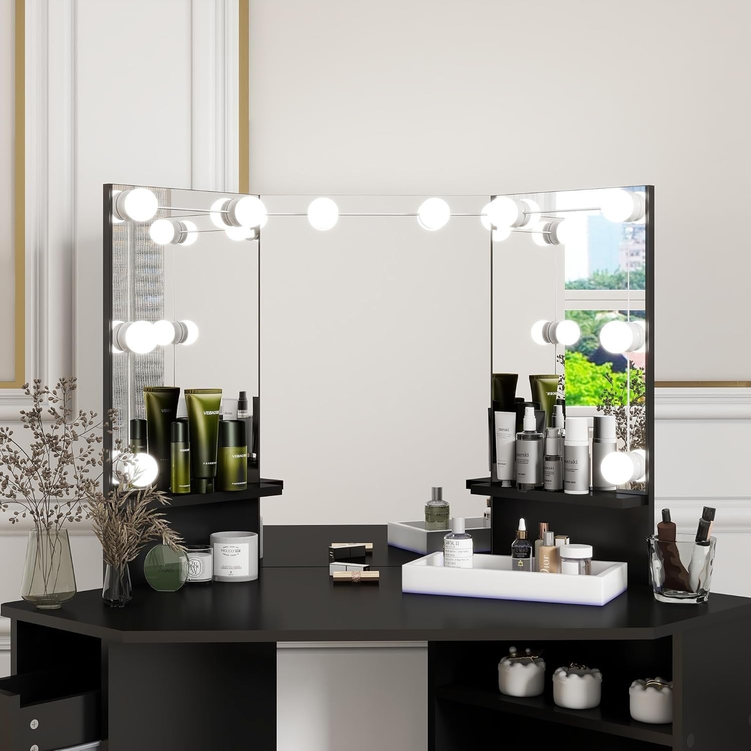 Modern Corner Dressing Table 10 LED Lights 5 Drawers Vanity Mirror Desk Black/Wh
