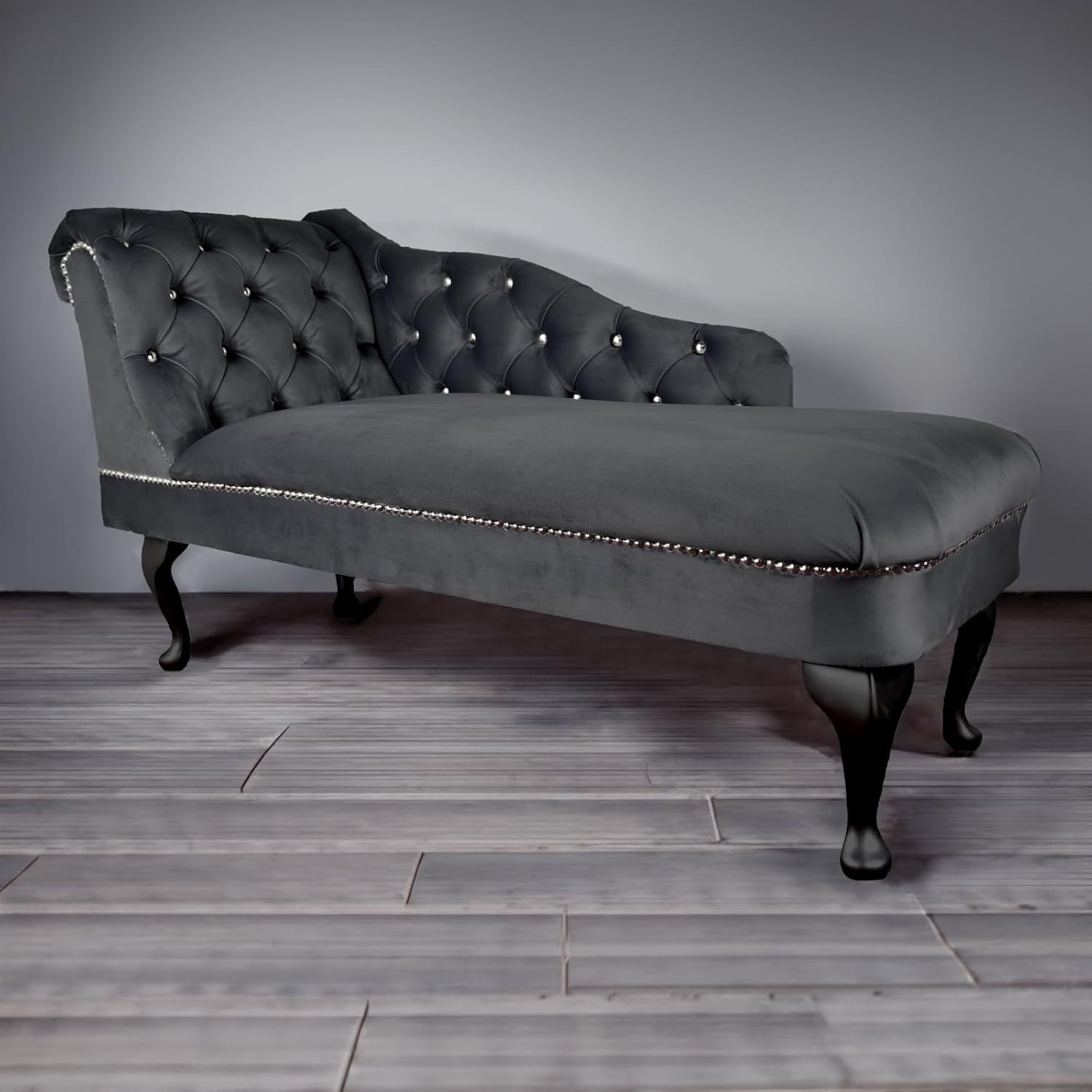 Grey Velvet Chaise Lounge Sofa | Tufted Left Arm Accent Chair | Handmade UK
