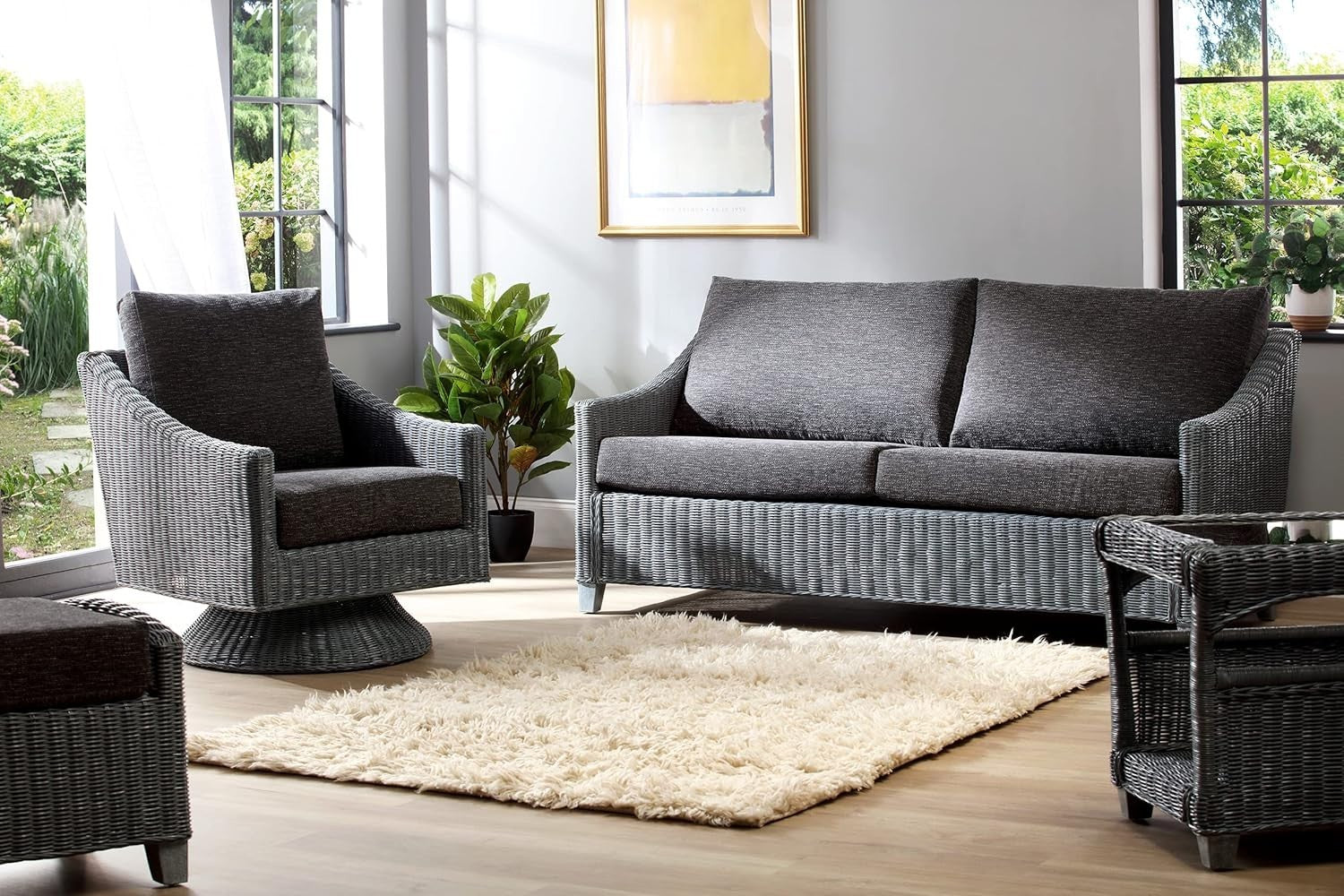 Large Swivel Rattan Armchair with Cushions Indoor Cane Lounge Chair 360°