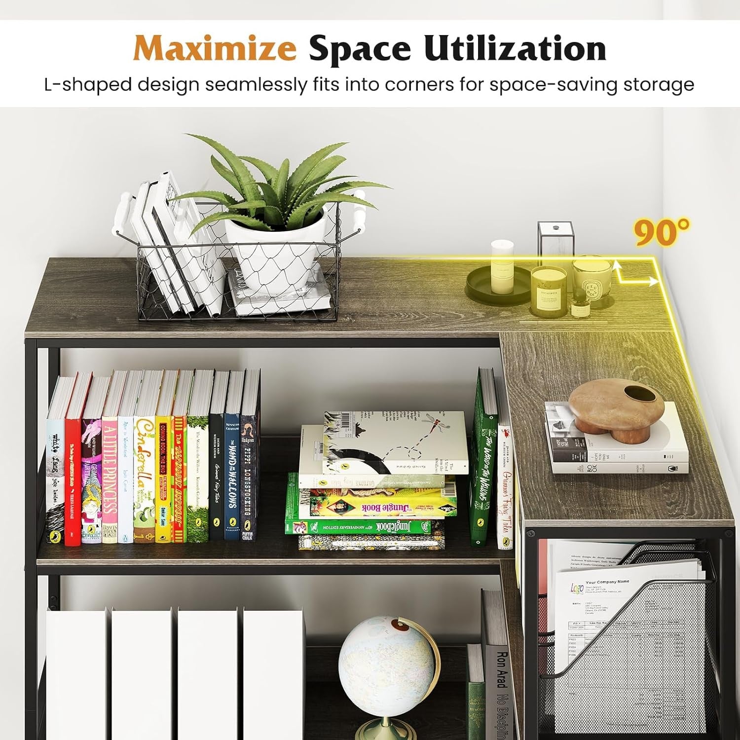 5-Tier L-Shaped Industrial Bookshelf Large Corner Storage Display Unit 180cm