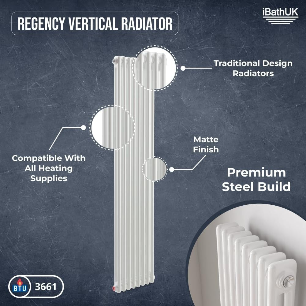 Slim Vertical White Column Radiator | Double Panel | 1800x380mm