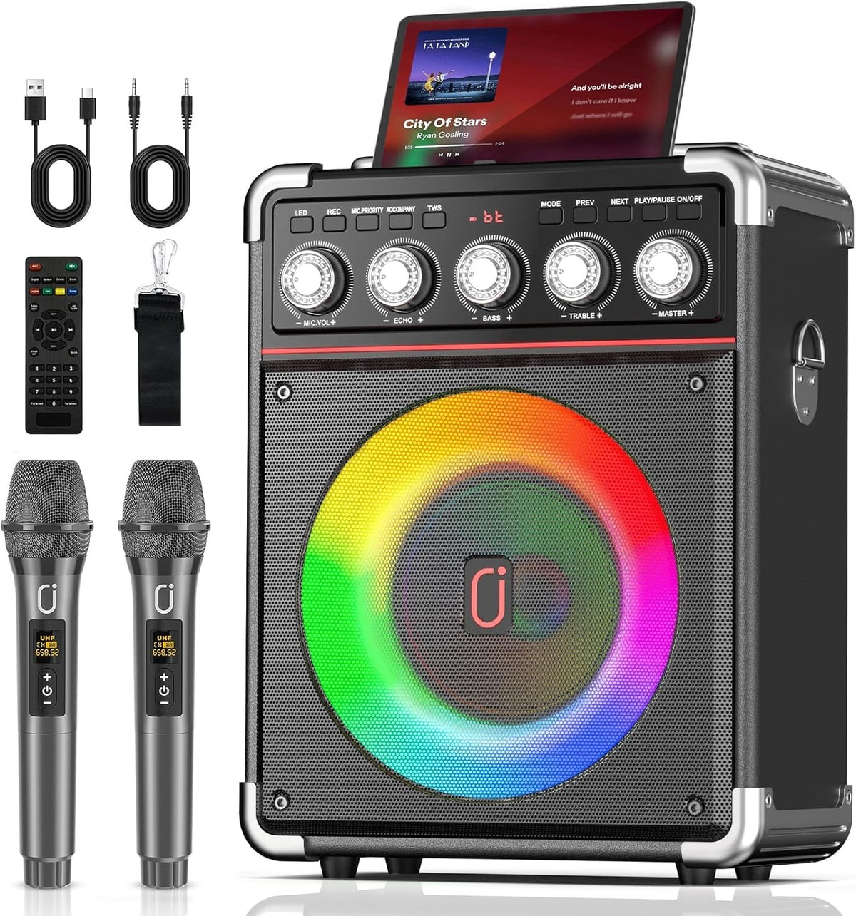 Bluetooth Karaoke Machine with 2 Mics PA Speaker LED Remote