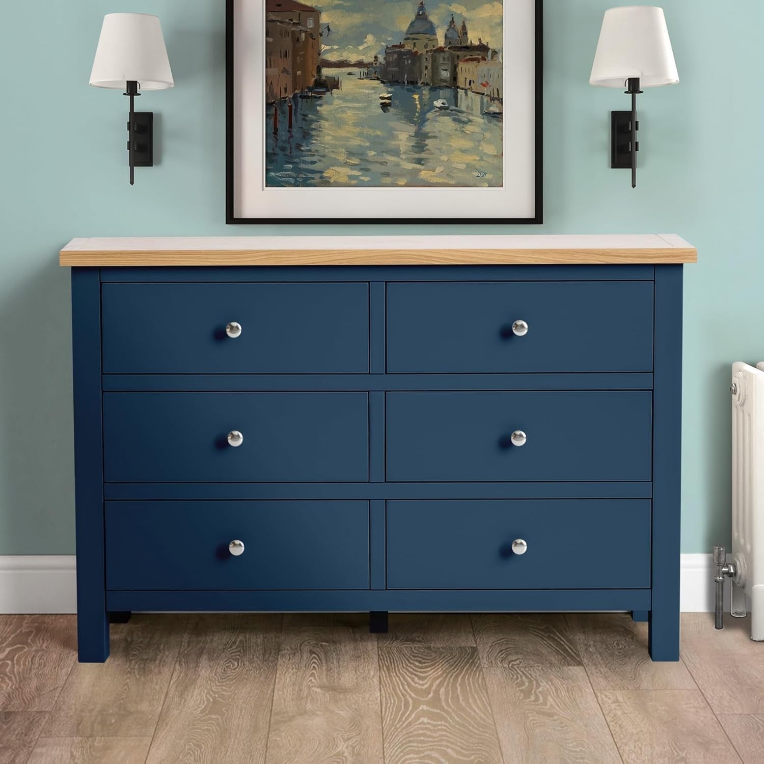 6 Drawer Navy Blue Chest – Solid Wood Storage, Matte Finish Bedroom Decor