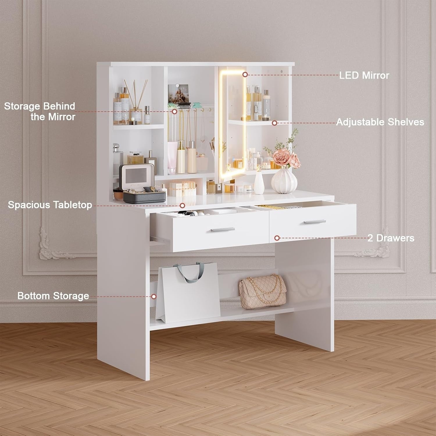 White Vanity Dressing Table with LED Mirror 3-Colour Lights Storage Drawers