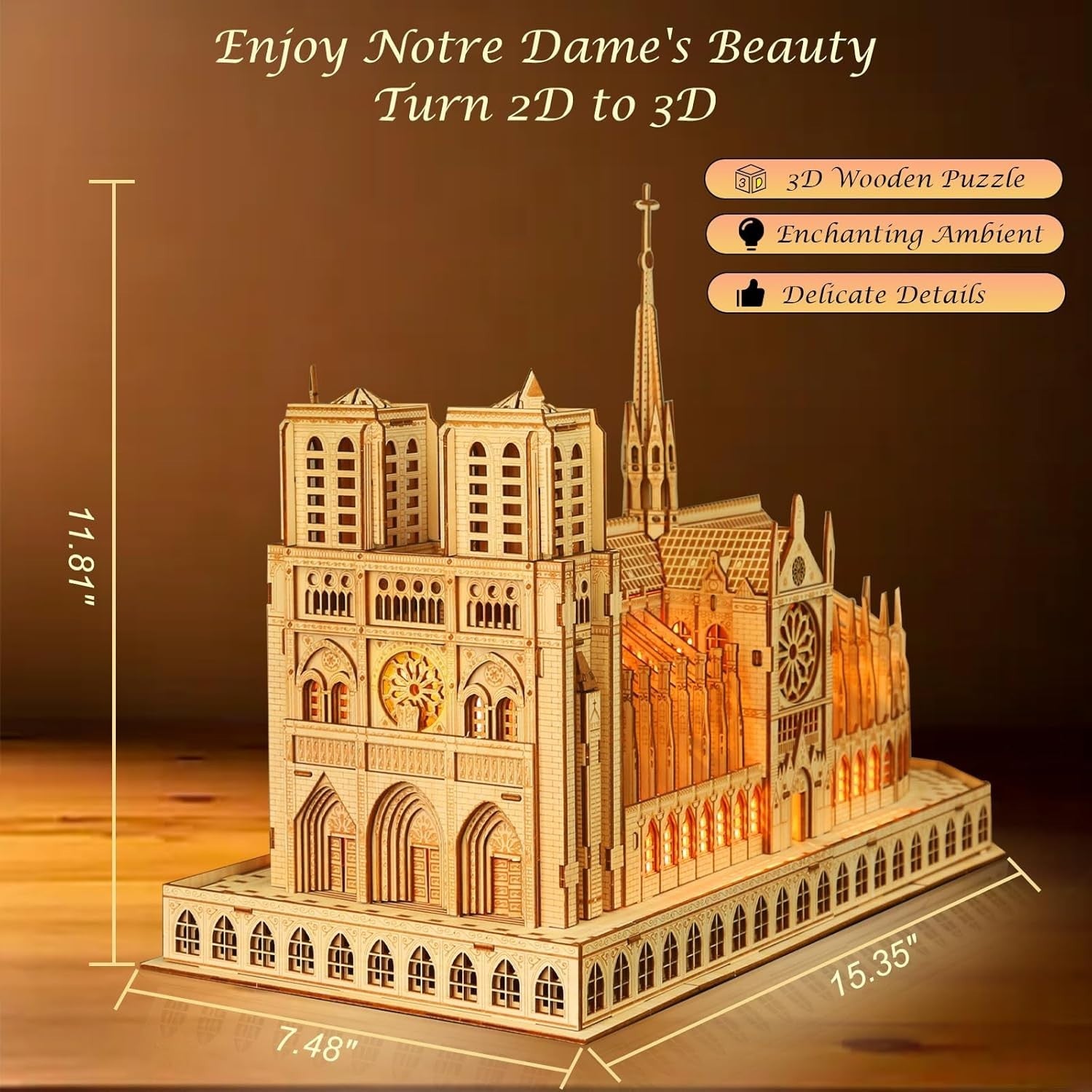 3D Wooden Notre Dame Puzzle with LED Light, DIY Architectural Model Kit