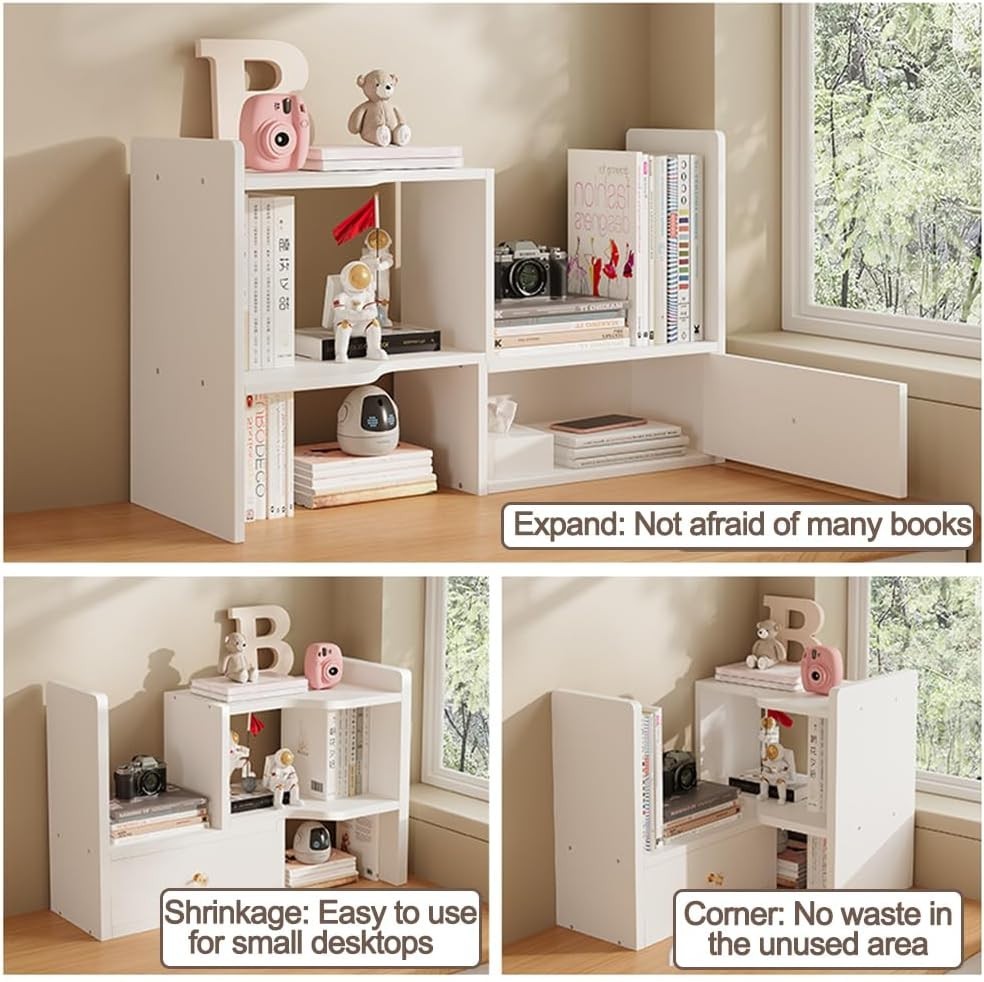 Expandable Desktop Bookshelf Adjustable Desk Organizer Storage Rack White