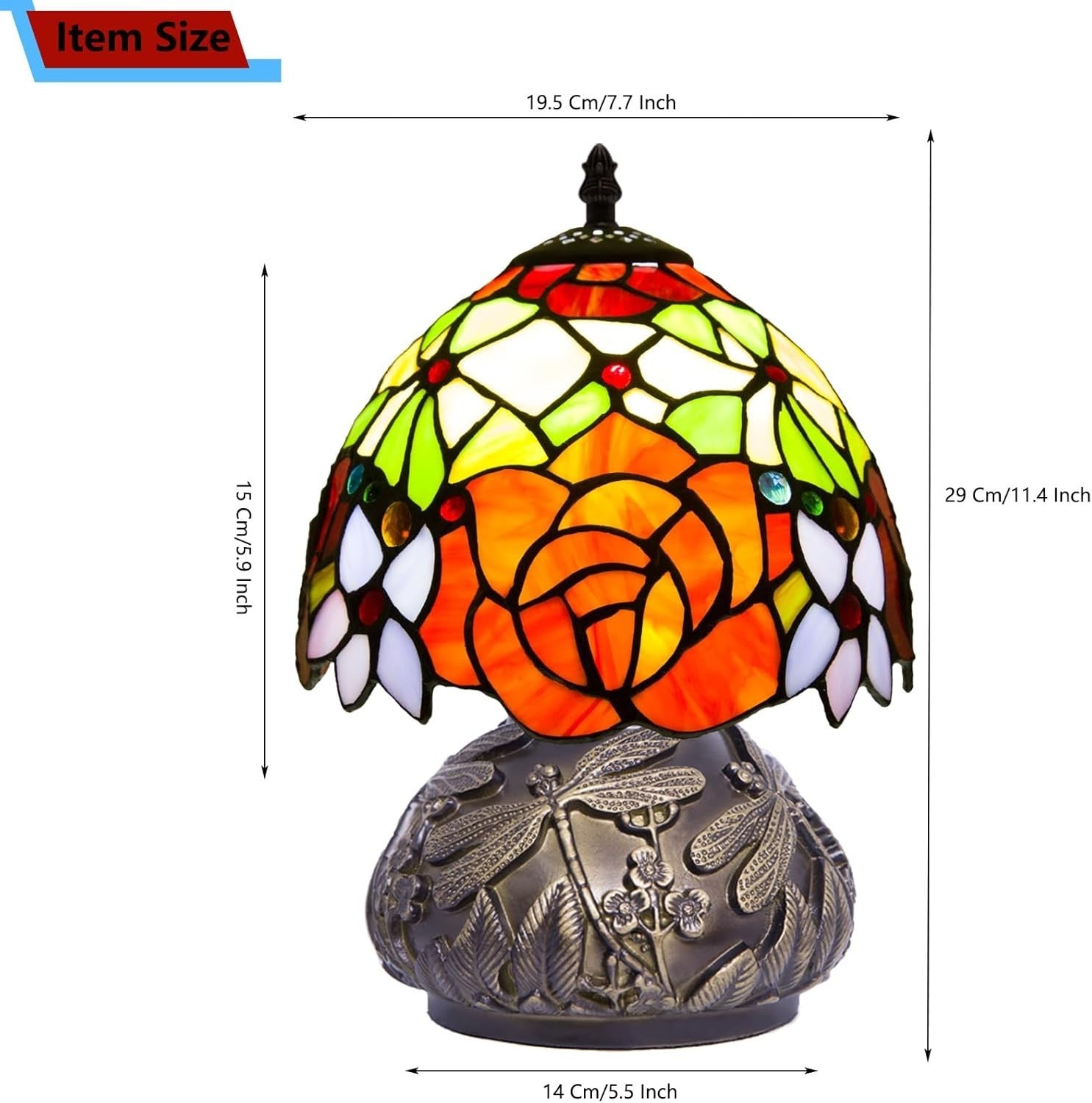 Small Stained Glass Desk Lamp 8x8x11in 3 Color Temps Dragonfly Resin Base