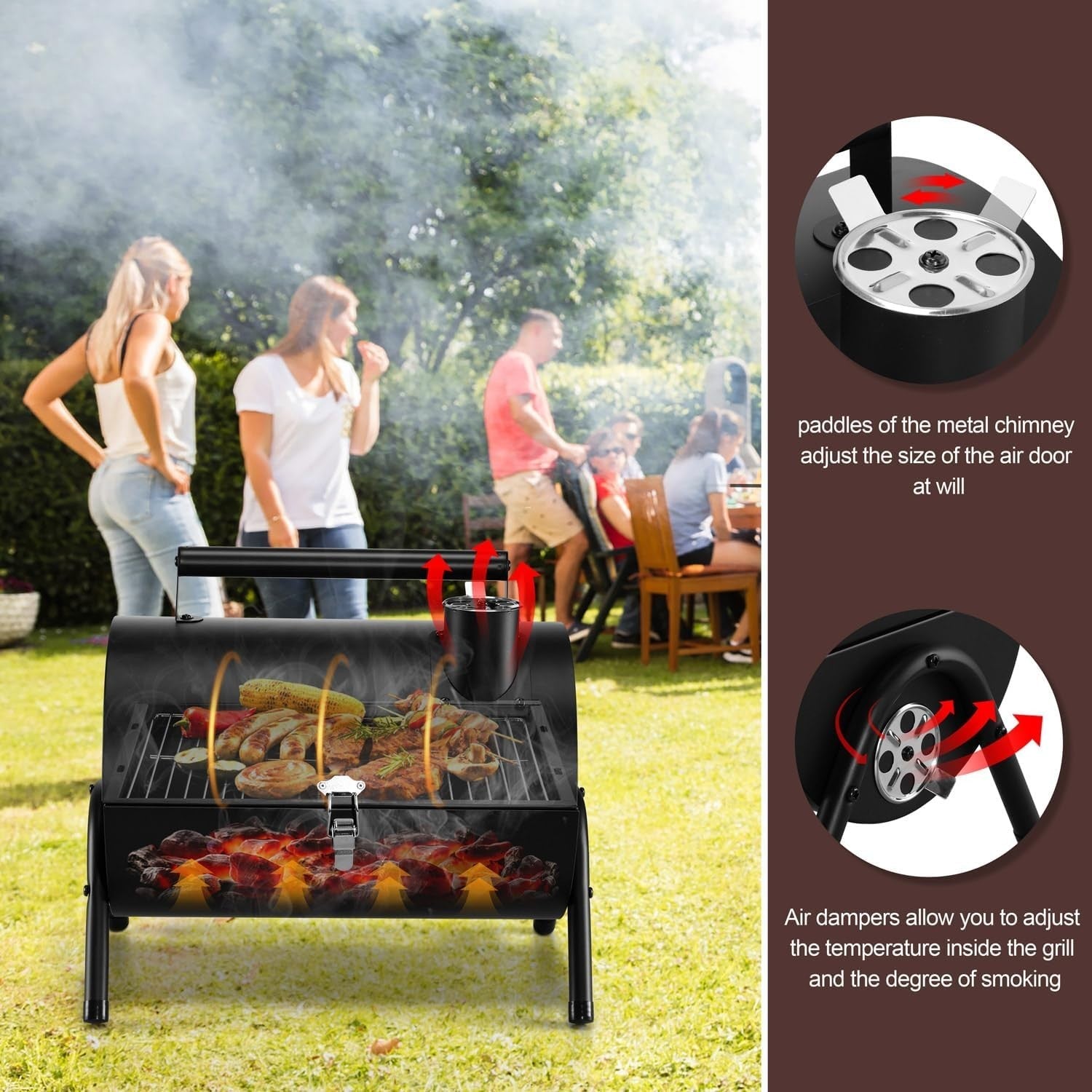 Portable Folding Charcoal BBQ Grill with Roasting Plate & Dual Grill Racks
