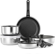 5Pcs Stainless Steel Pots Pans Set with Lids & Detachable Handle Induction Safe