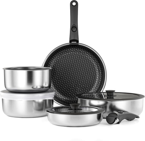 5Pcs Stainless Steel Pots Pans Set with Lids & Detachable Handle Induction Safe