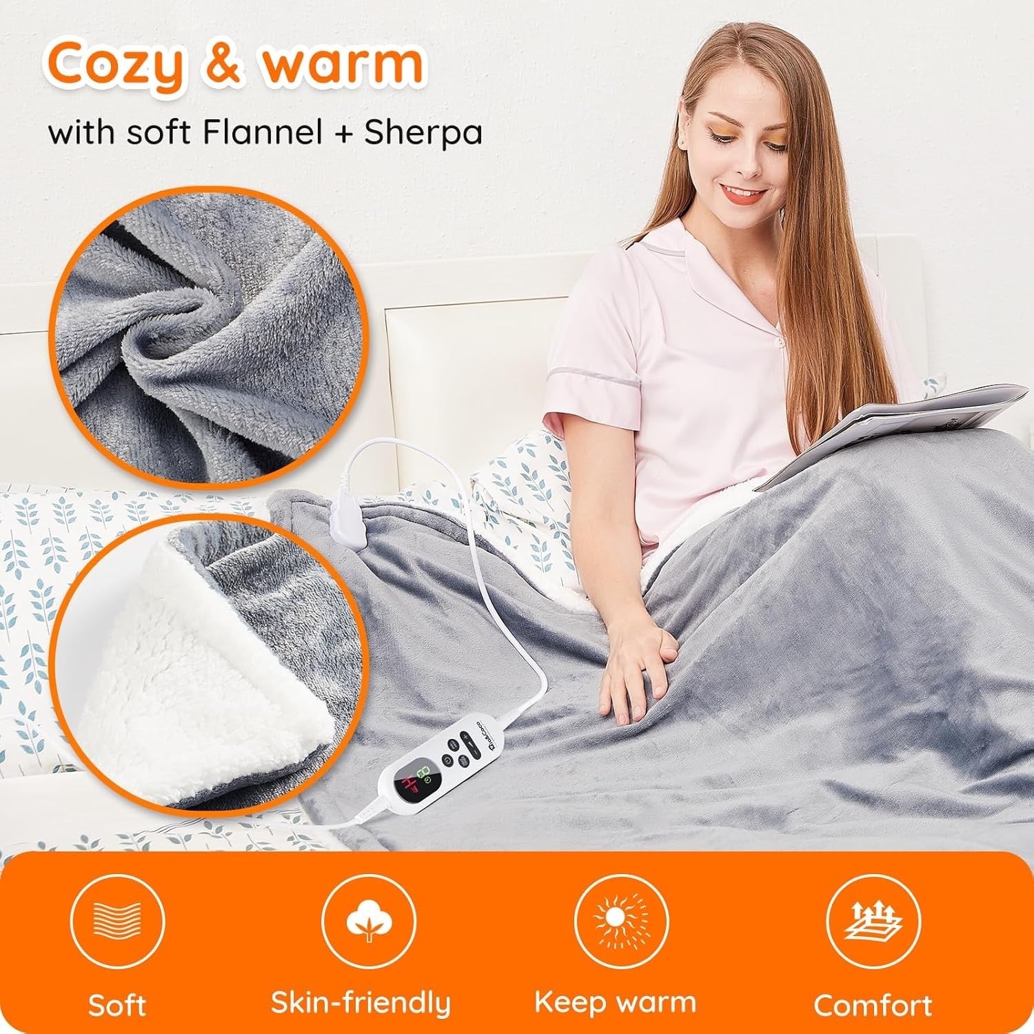 Electric Heated Throw Blanket 120x160cm Grey Sherpa 10 Heat LED Timer