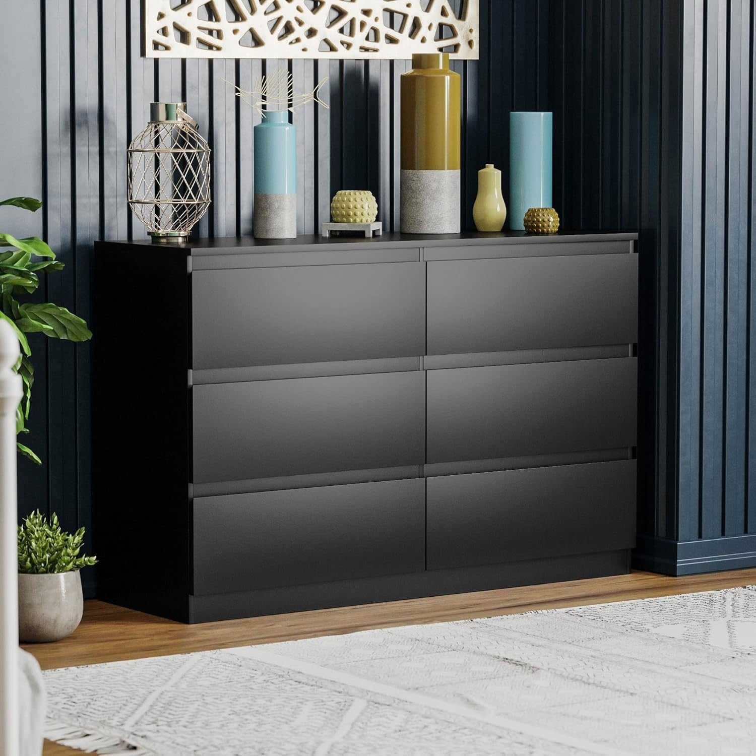 Modern 6 Drawer Chest Black Wood Storage Unit Bedroom Living Room