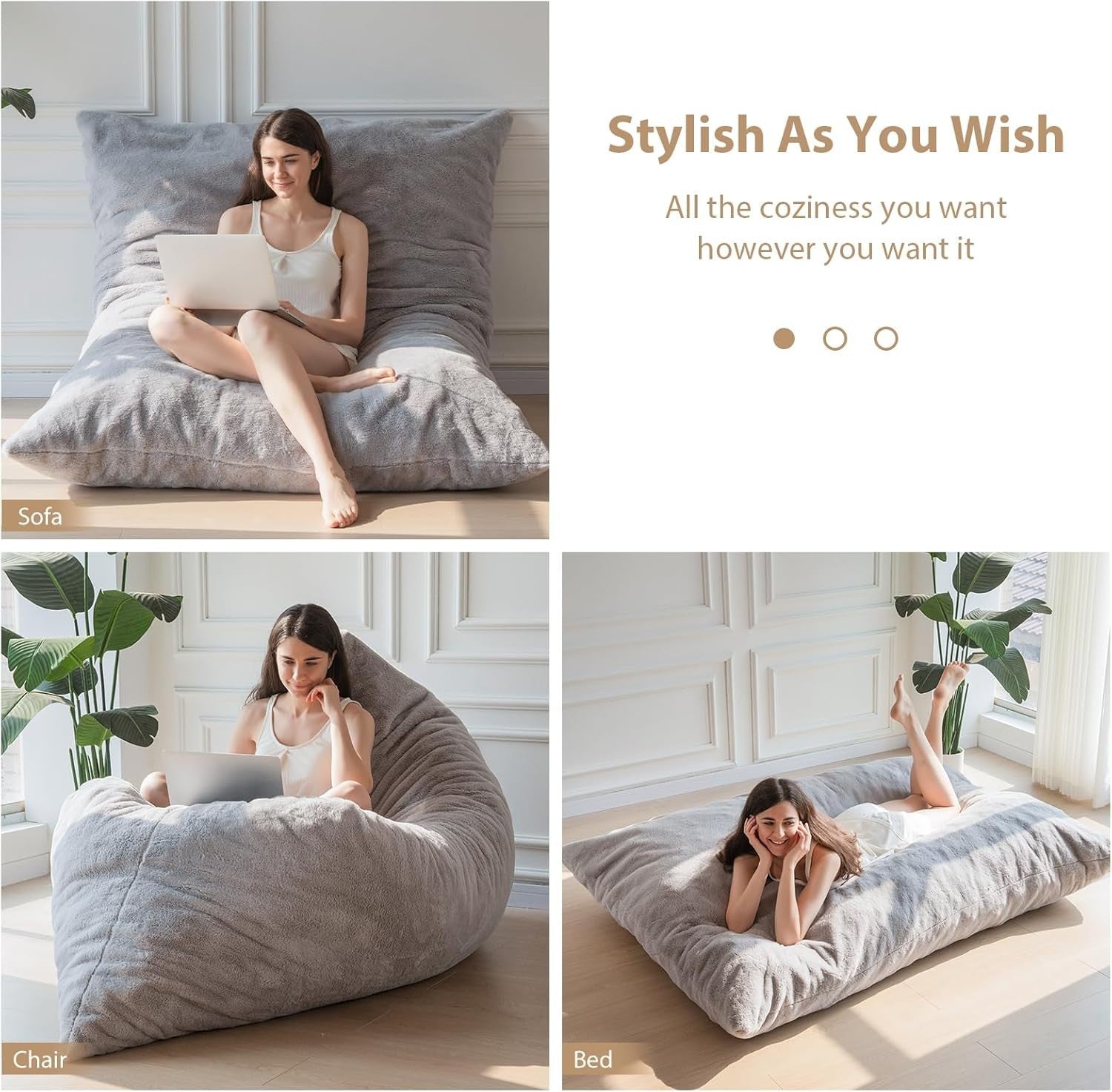Grey Bean Bag Sofa Bed 135x190cm | Plush Floor Chair for Gaming, Guest