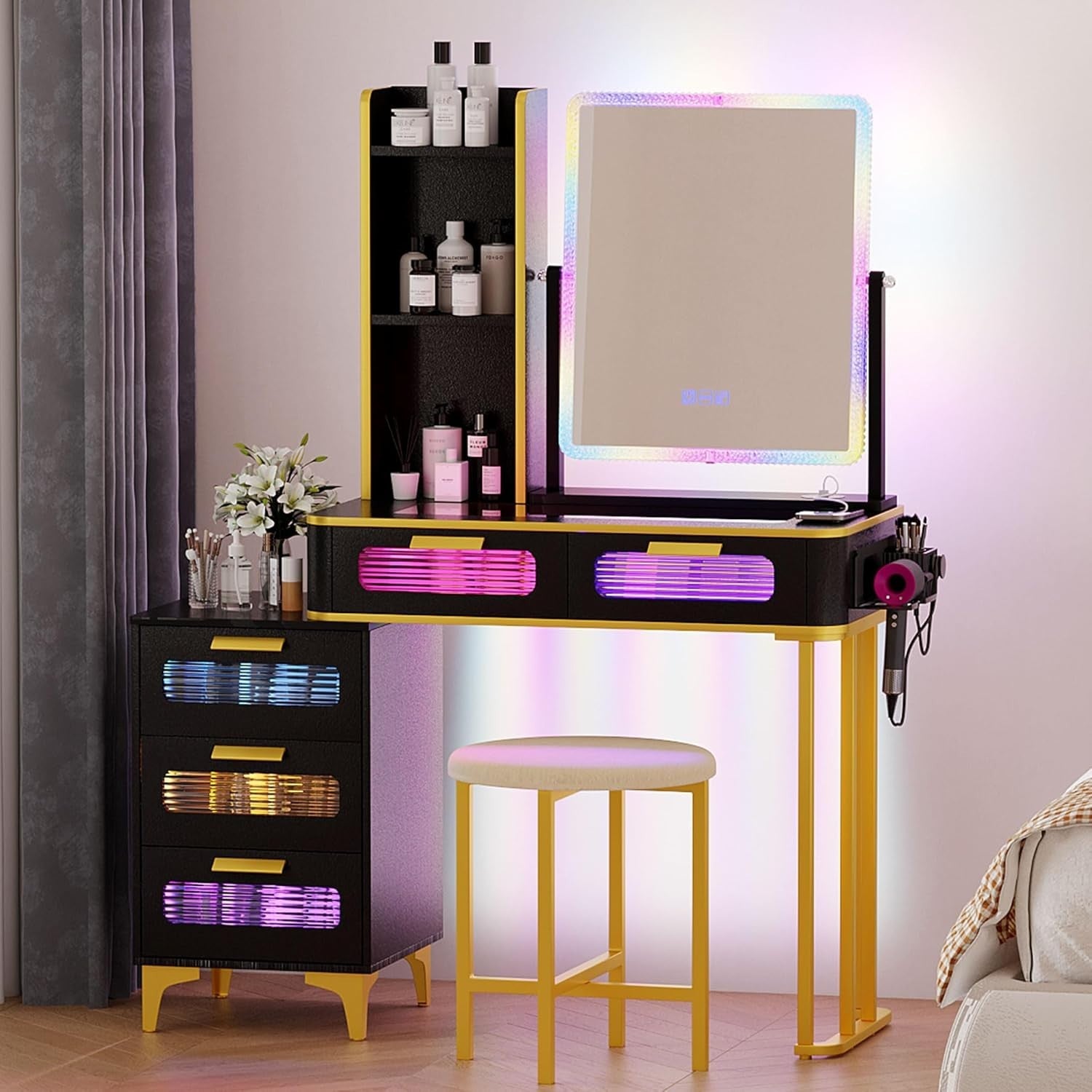 Black Vanity Dressing Table RGB Auto Sensor LED Light Wireless Charging 6 Drawer