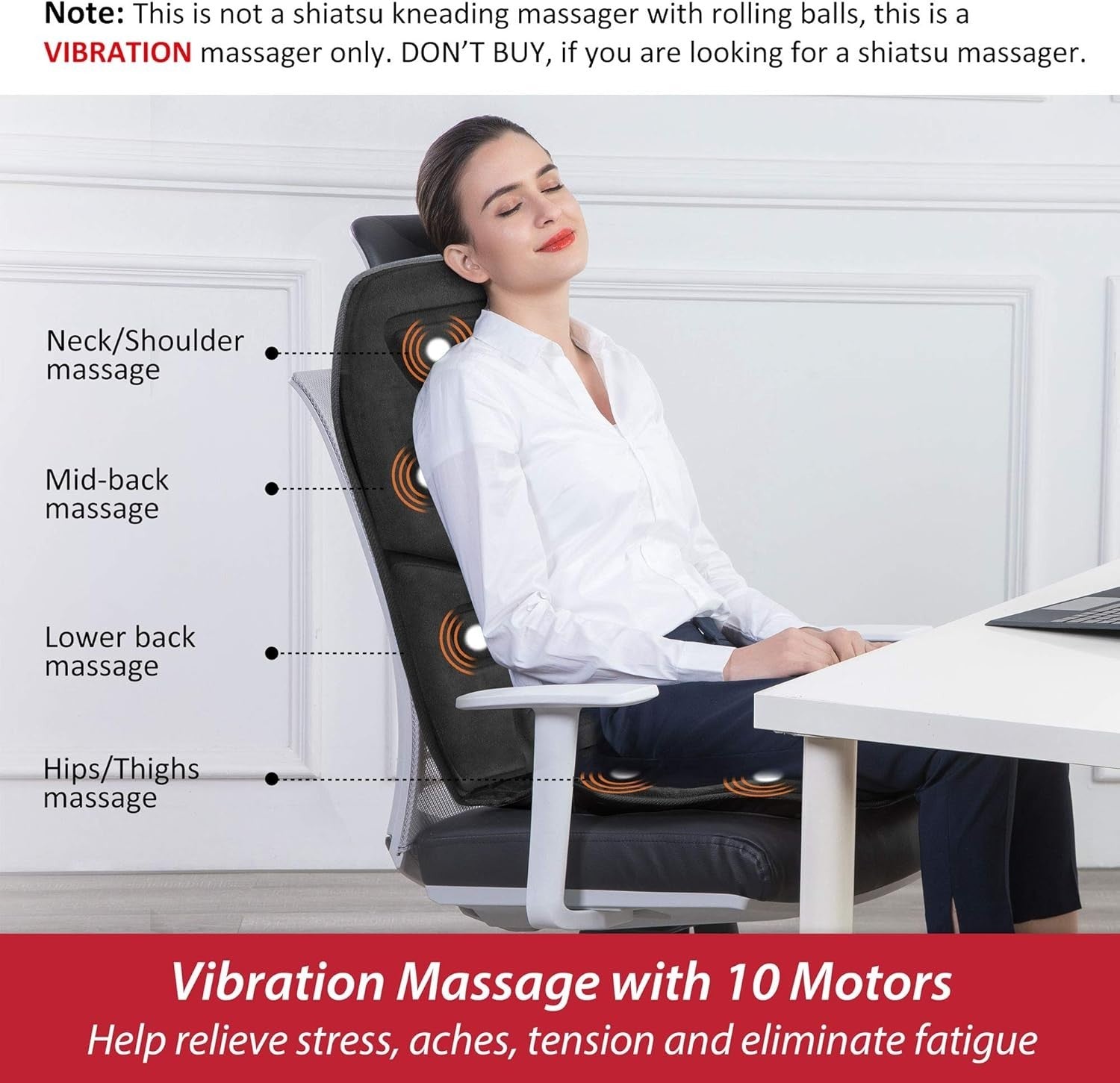 Vibration Back Massager Seat Pad Heat 10-Motor Chair Cushion for Back Pain