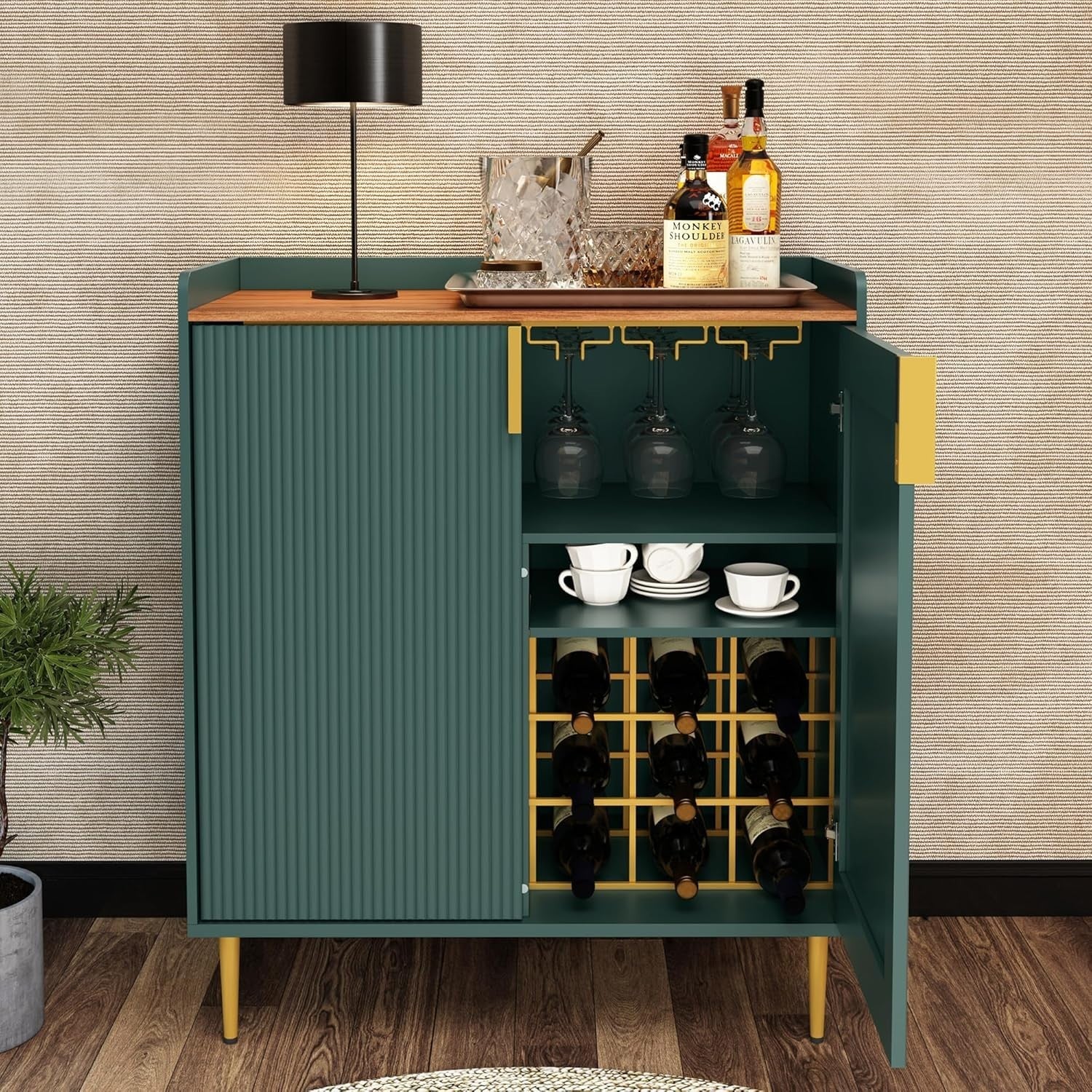 Modern Drinks Cabinet Wine Bar Storage Unit with Glass Holder & 9 Bottle Rack