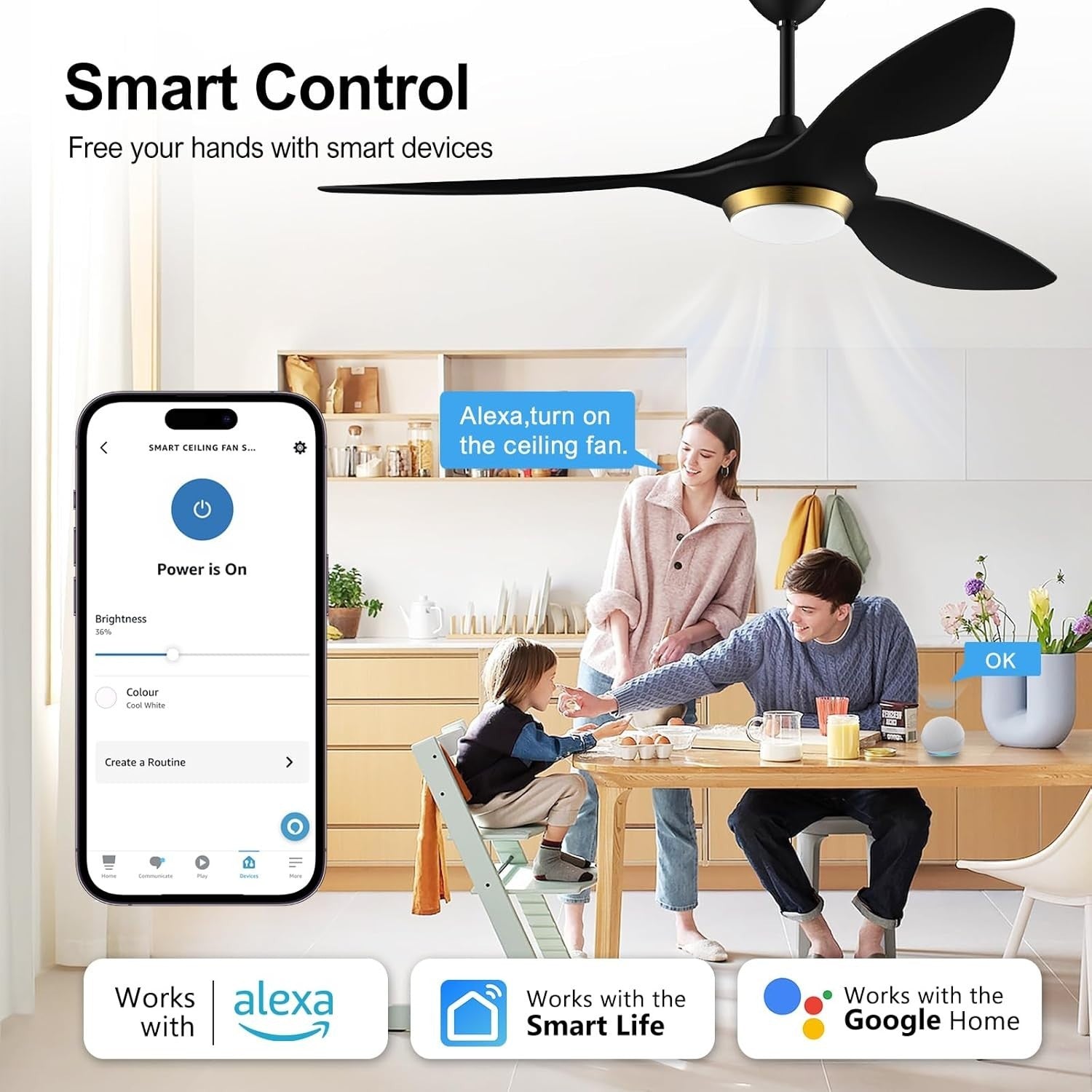 52" Ceiling Fan with Lights Natural Wood Wi-Fi Timer Quiet