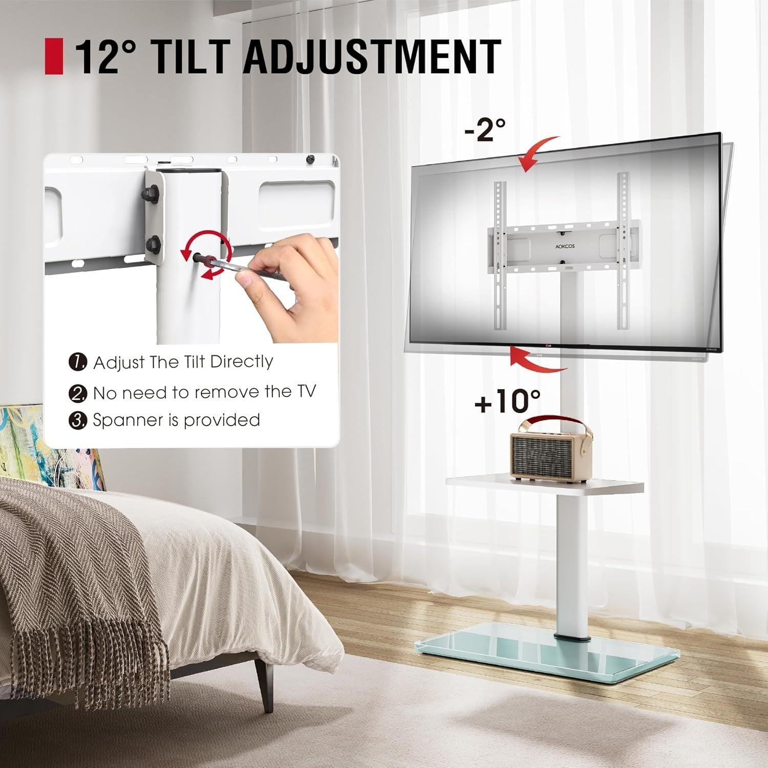 TV Stand 32–70” Floor Mount, Swivel Tilt Shelf, VESA 400x400, Height Adj