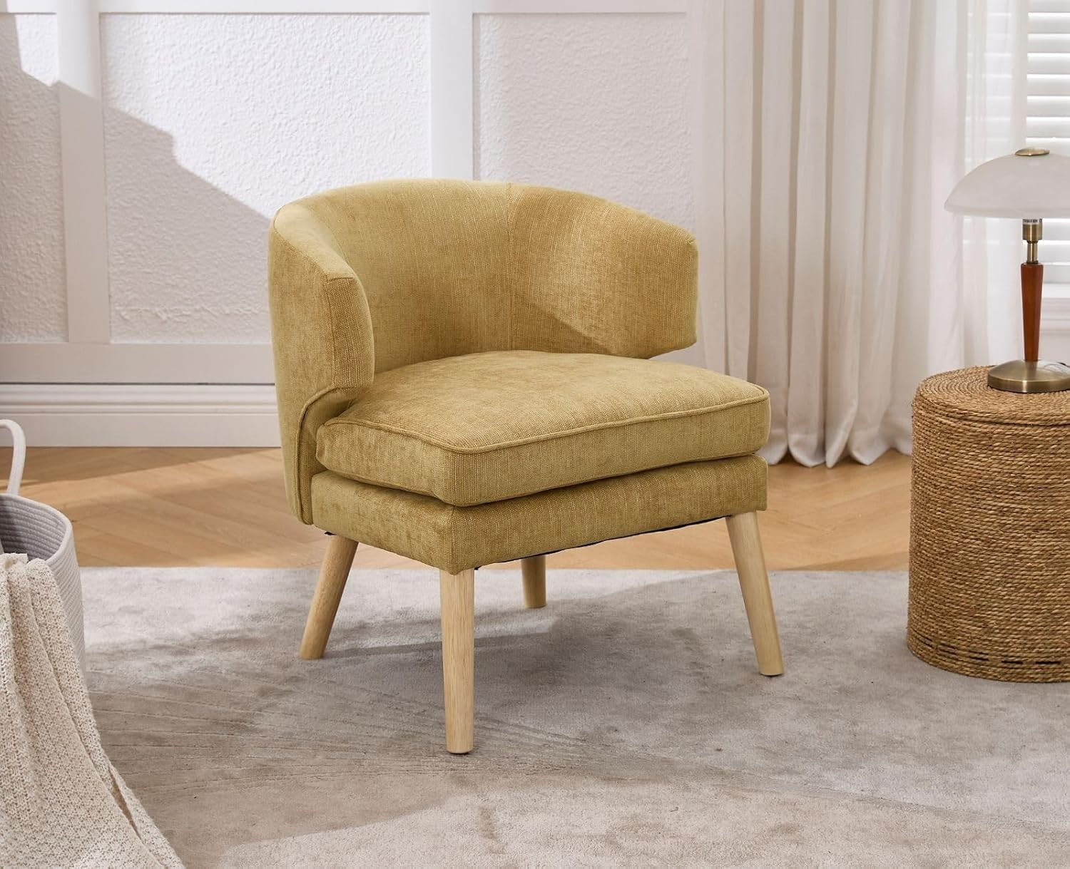 Yellow Chenille Accent Chair Armchair Tub Seat Wooden Legs Lounge Sofa