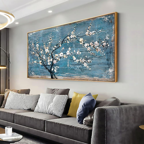 Teal Plum Blossom Abstract Canvas Wall Art – Large Framed 24x48in