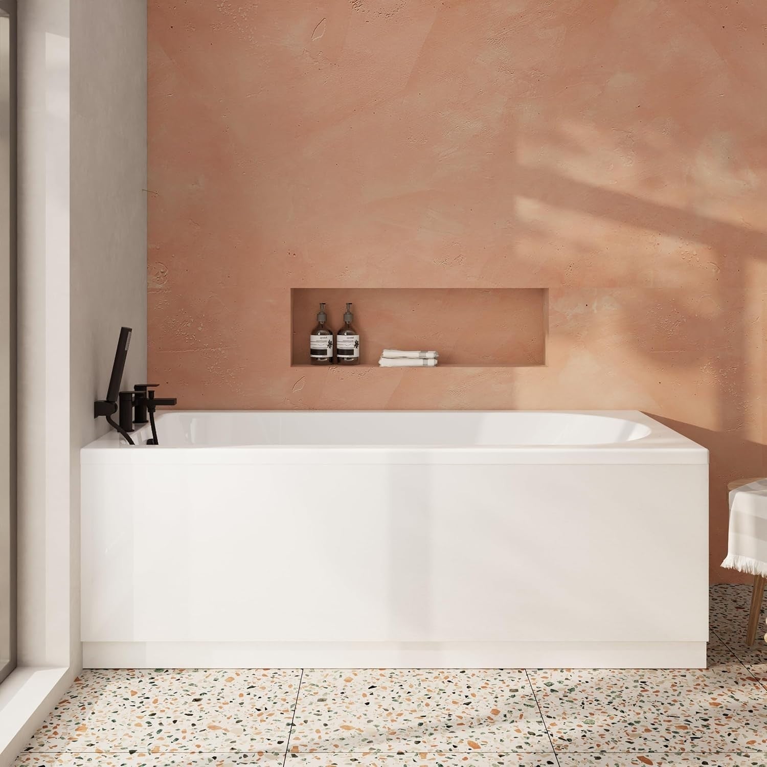 1700x750mm Round Single Ended Shower Bath Gloss White Acrylic Tub