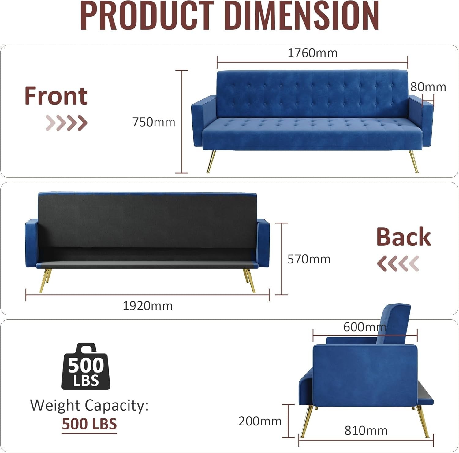 Blue Velvet Sofa Bed 3 Seater Click Clack Couch for Lounge Home Office