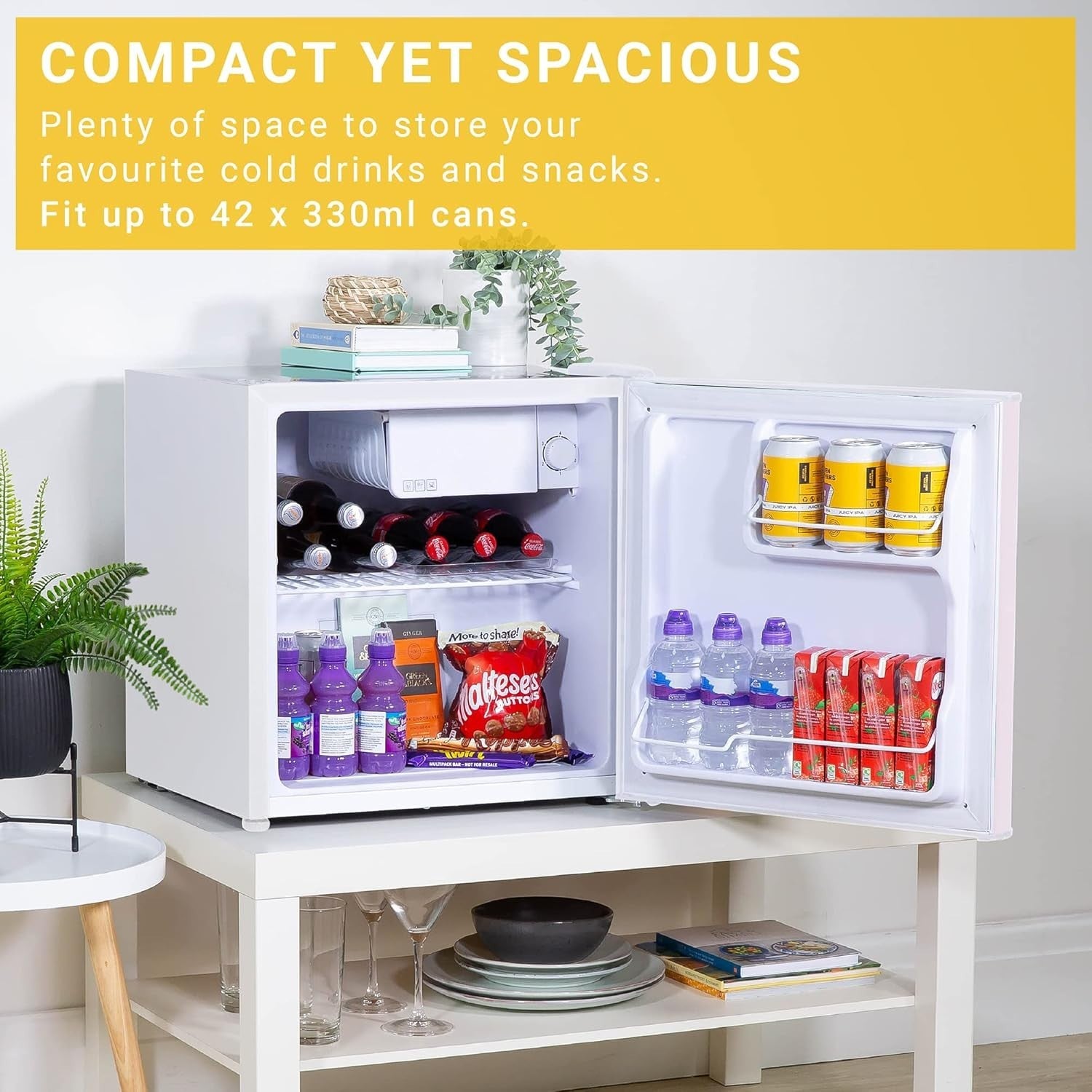 45L Mini Fridge Open Pink Design Countertop Drinks Cooler Adjustable Shelves